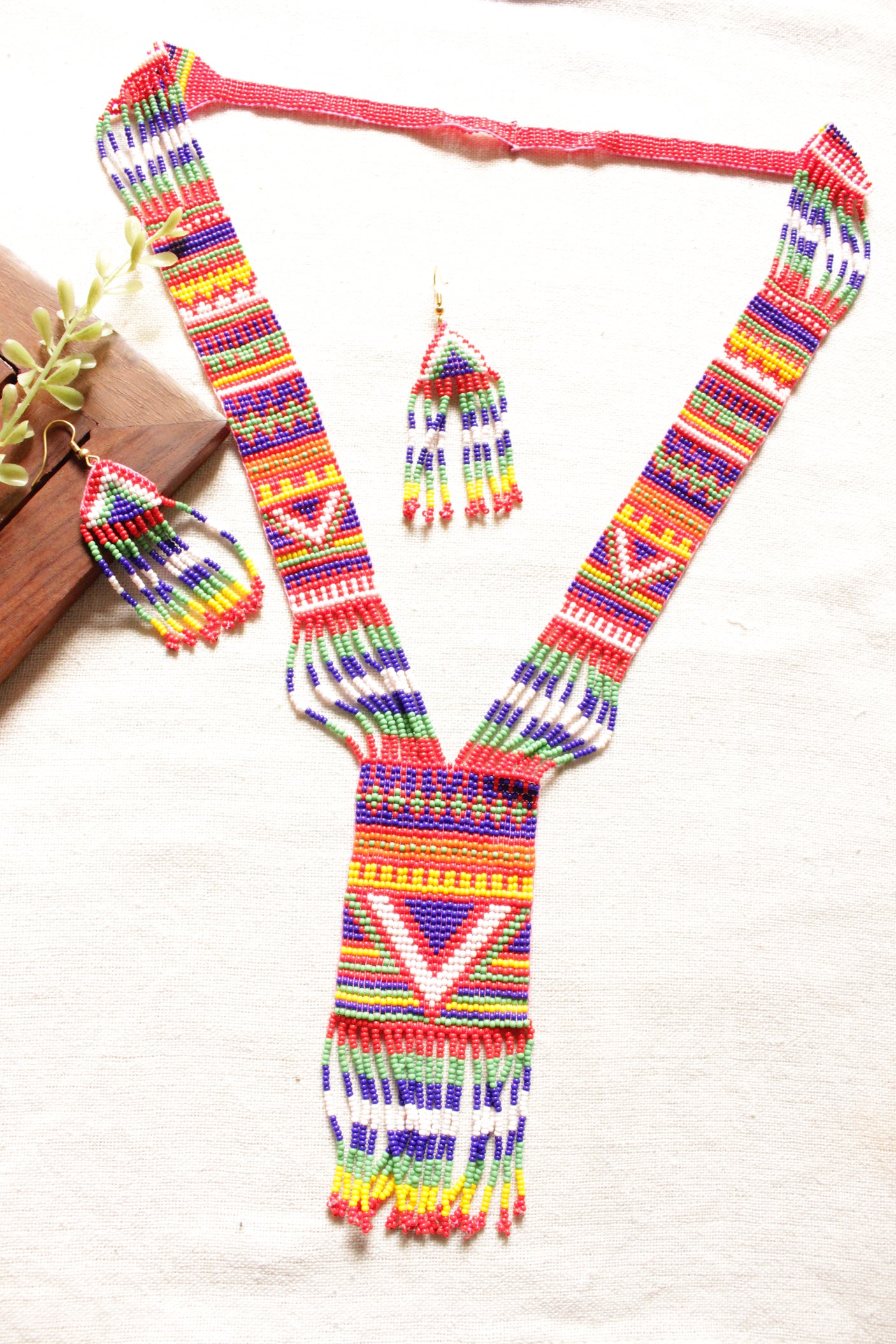 Red and Multi-Color Abstract Motifs Handmade Beaded Long Necklace Set