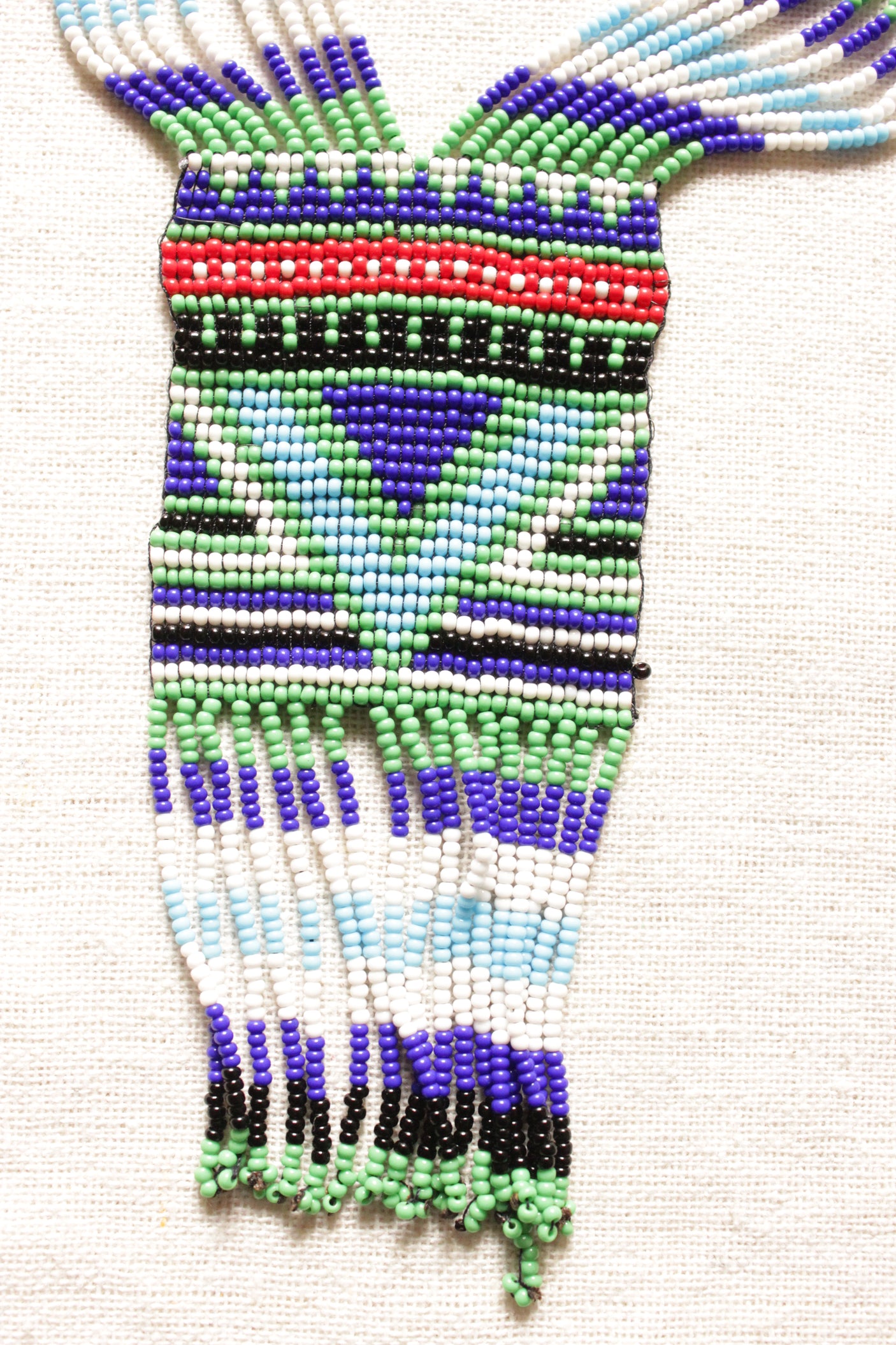 Muted Blue and Green Abstract Motifs Handmade Beaded Long Necklace Set