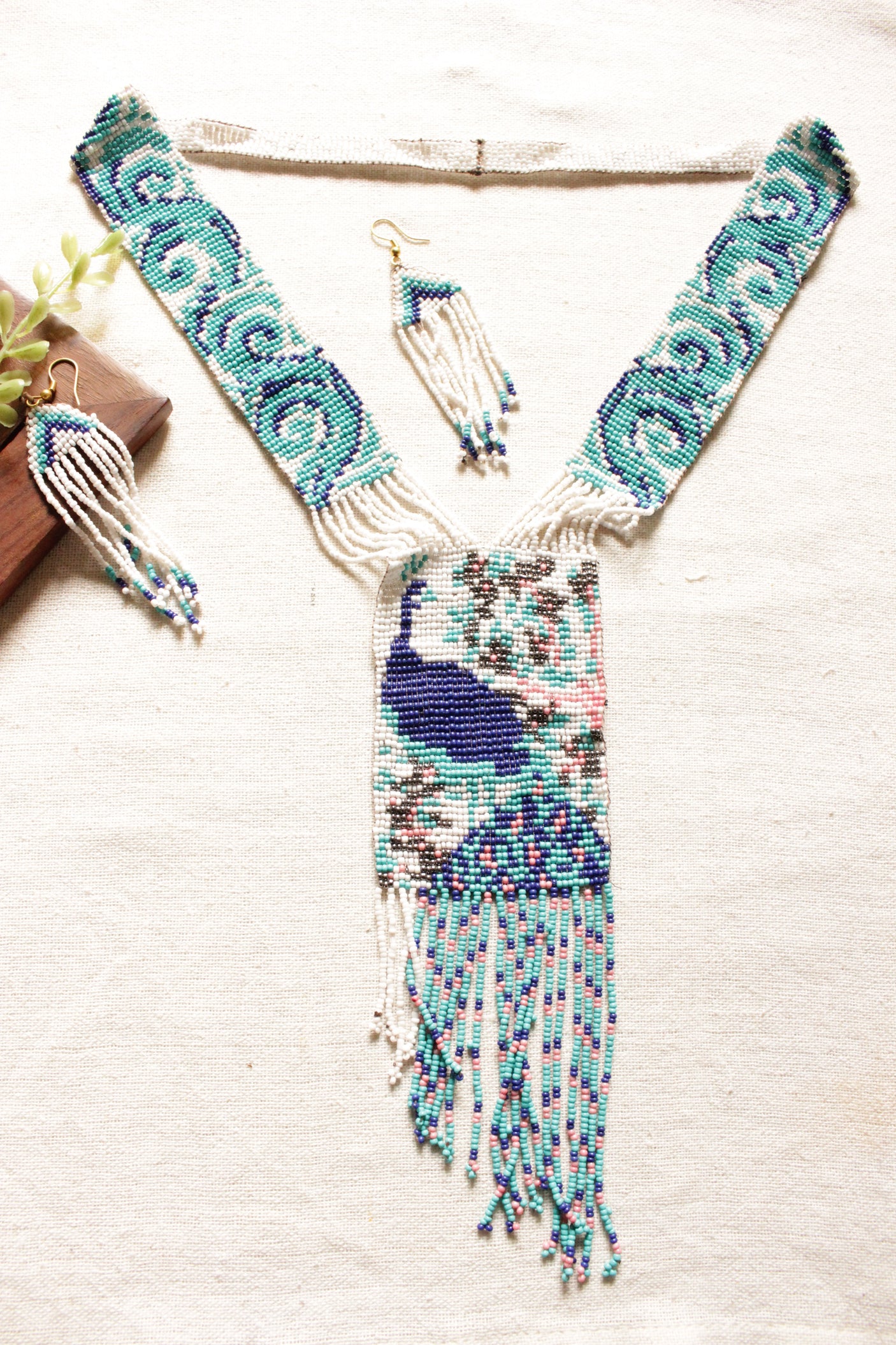 Shades of Blue Peacock Motif Handmade Beaded Long Necklace Set