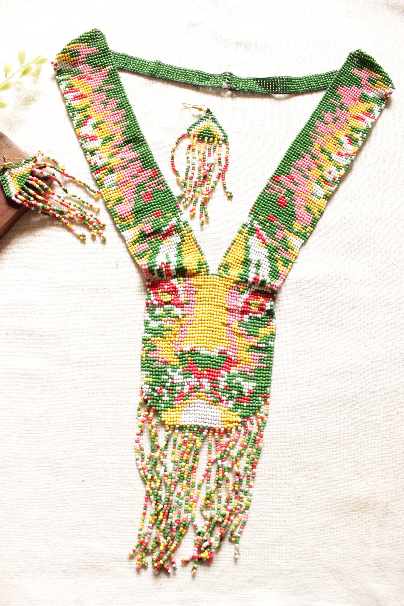 Muted Multi-Color Lion Face Handmade Beaded Long Necklace Set