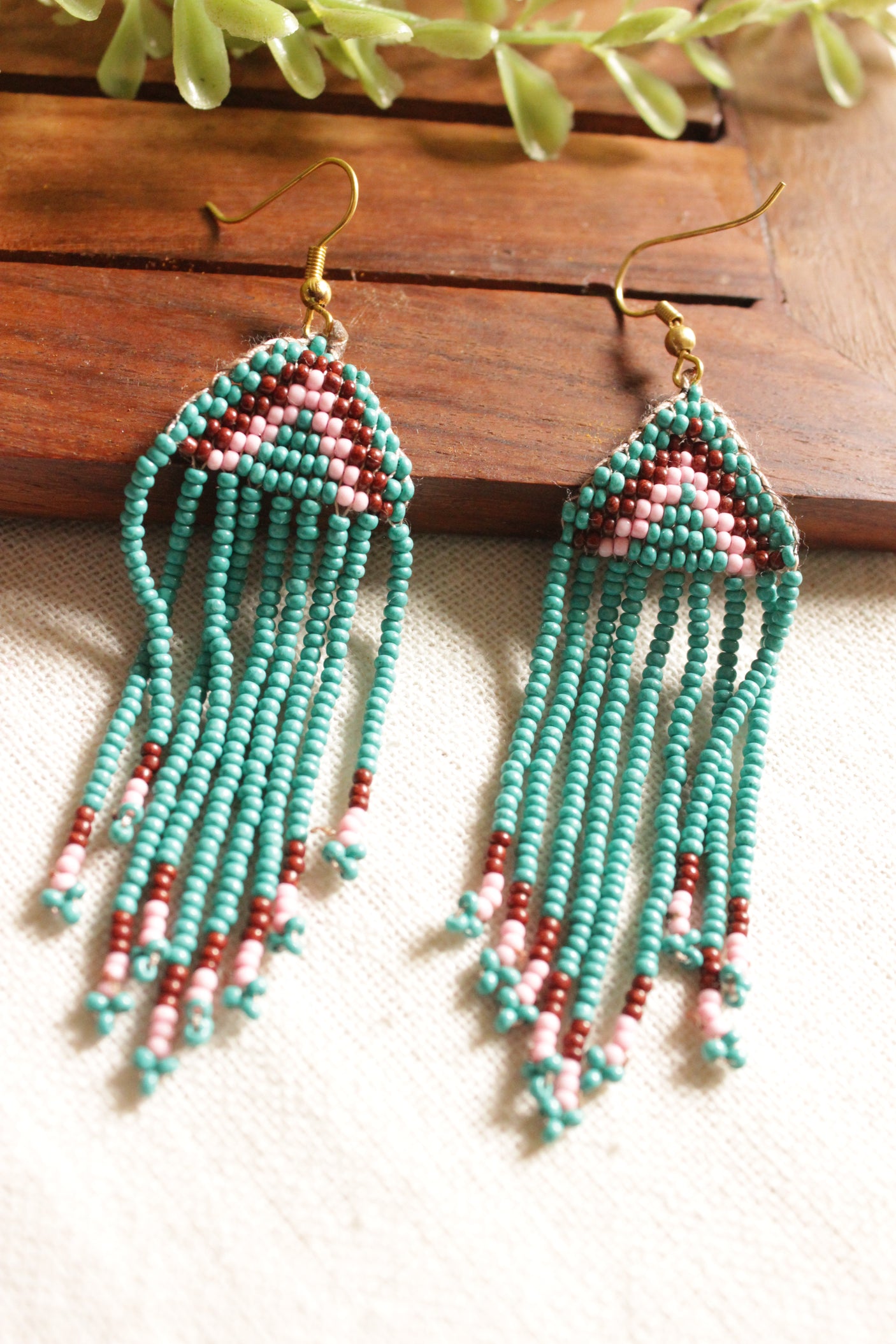 Brown and Blue Peacock Motif Handmade Beaded Long Necklace Set