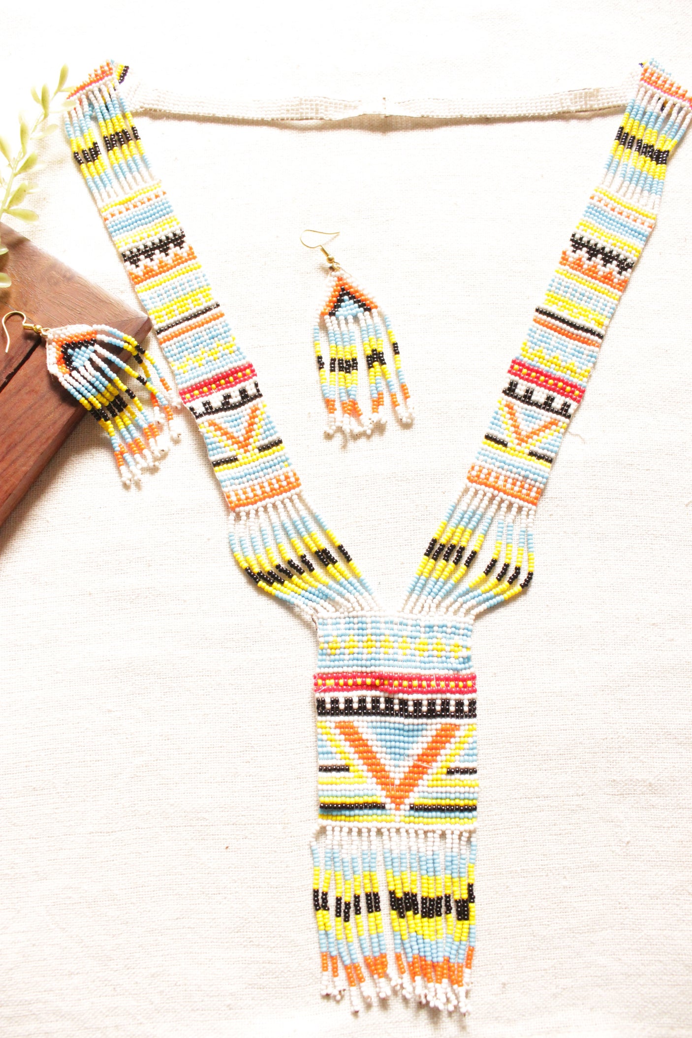 Vibrant Yellow and Multi-Color Geometric Motifs Handmade Beaded Long Necklace Set