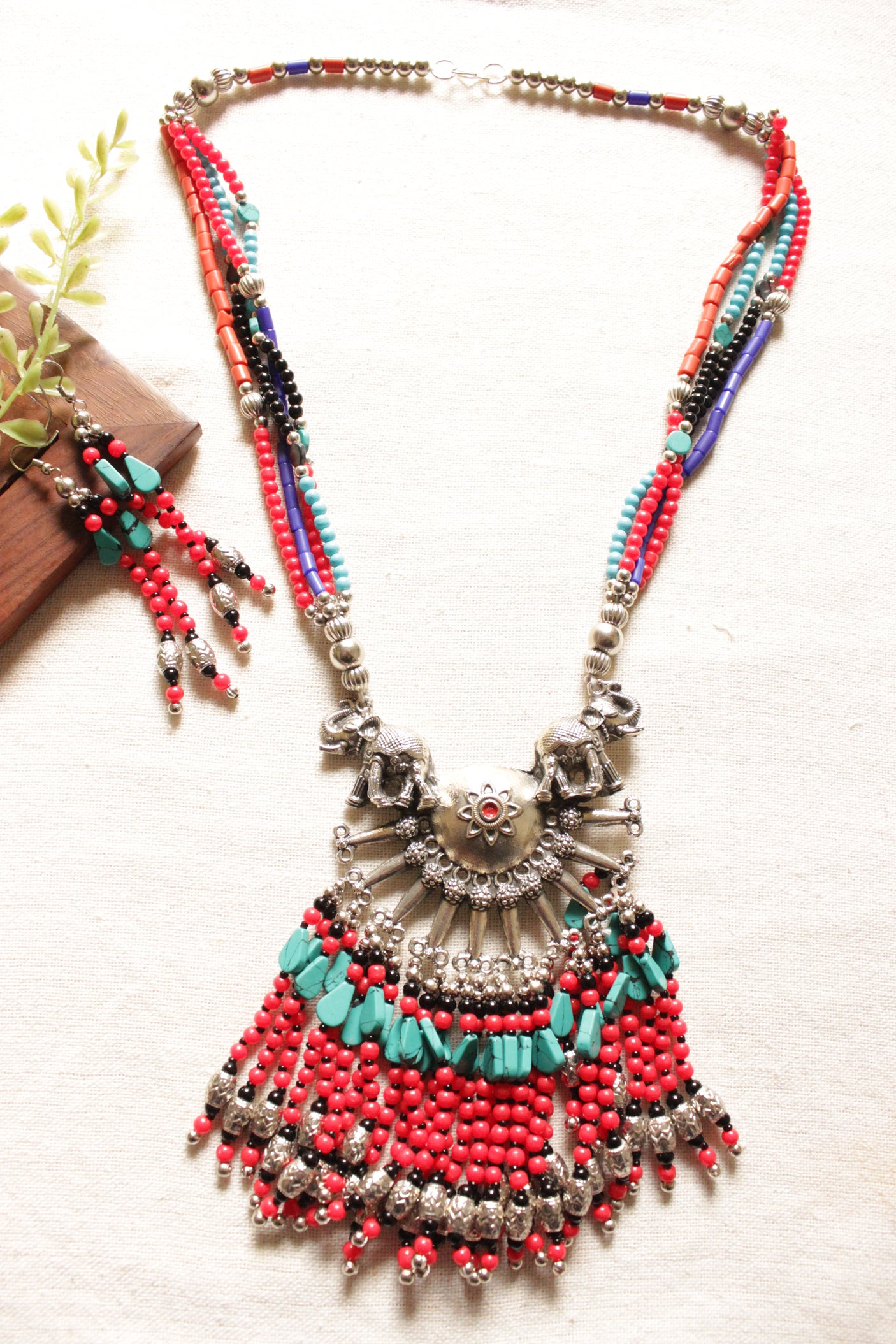 Elephant Motif Metal Pendant and Red and Turquoise Beads Work Handmade Necklace Set