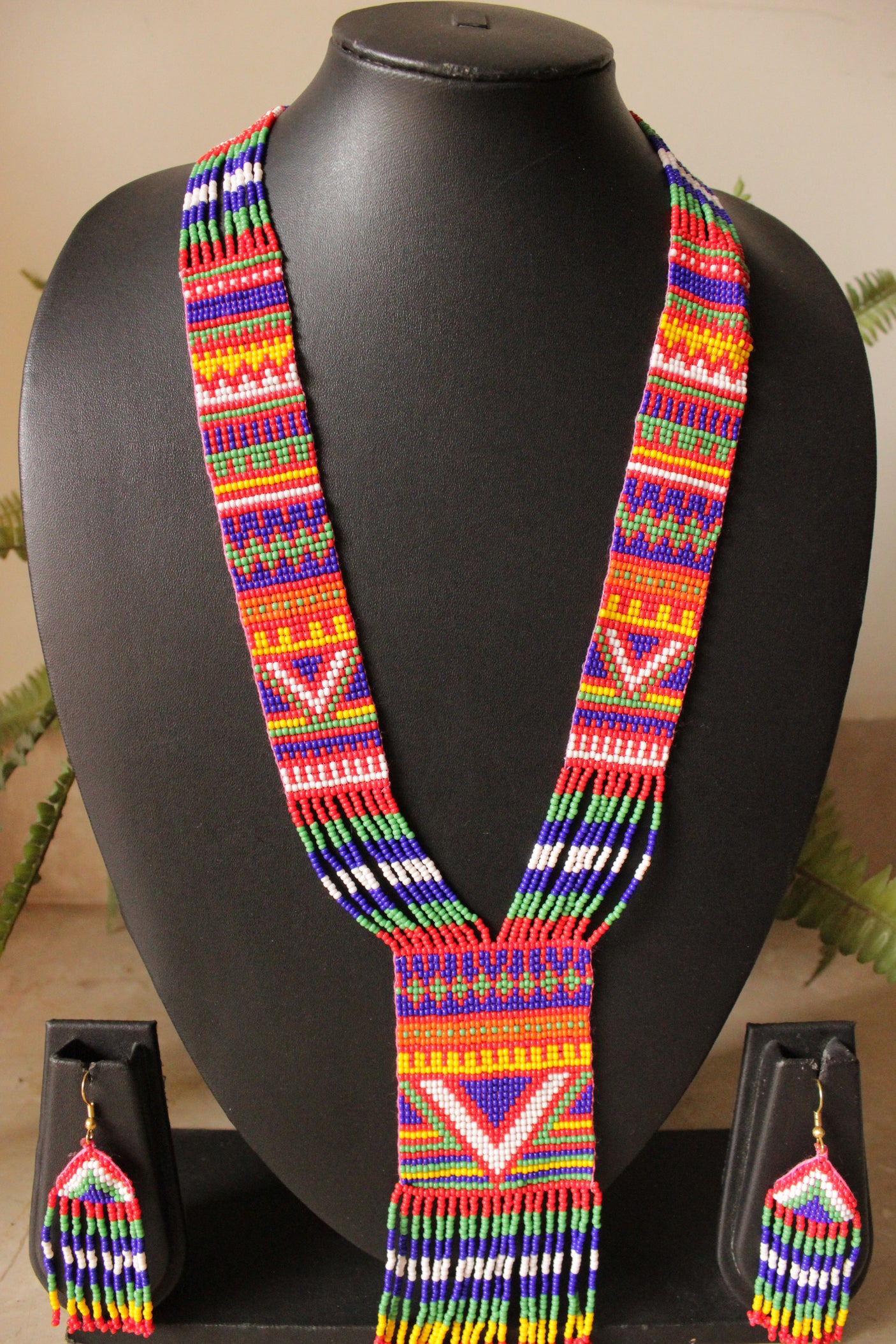 Red and Multi-Color Abstract Motifs Handmade Beaded Long Necklace Set