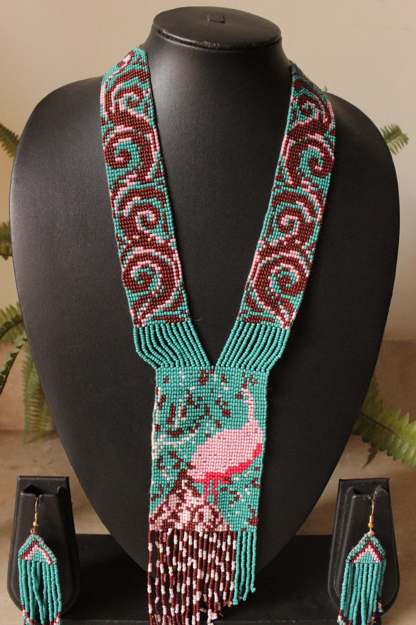 Brown and Blue Peacock Motif Handmade Beaded Long Necklace Set