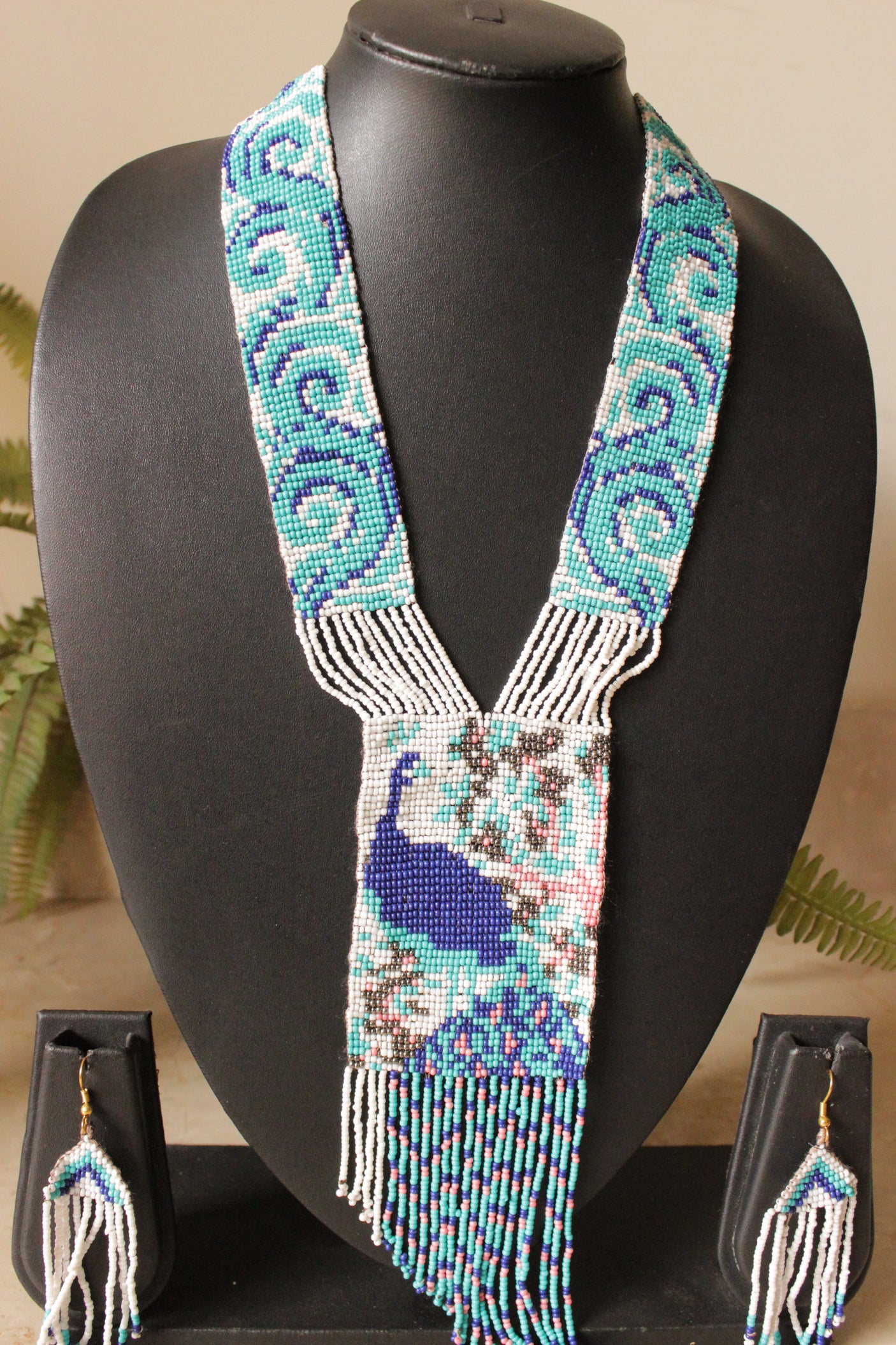 Shades of Blue Peacock Motif Handmade Beaded Long Necklace Set