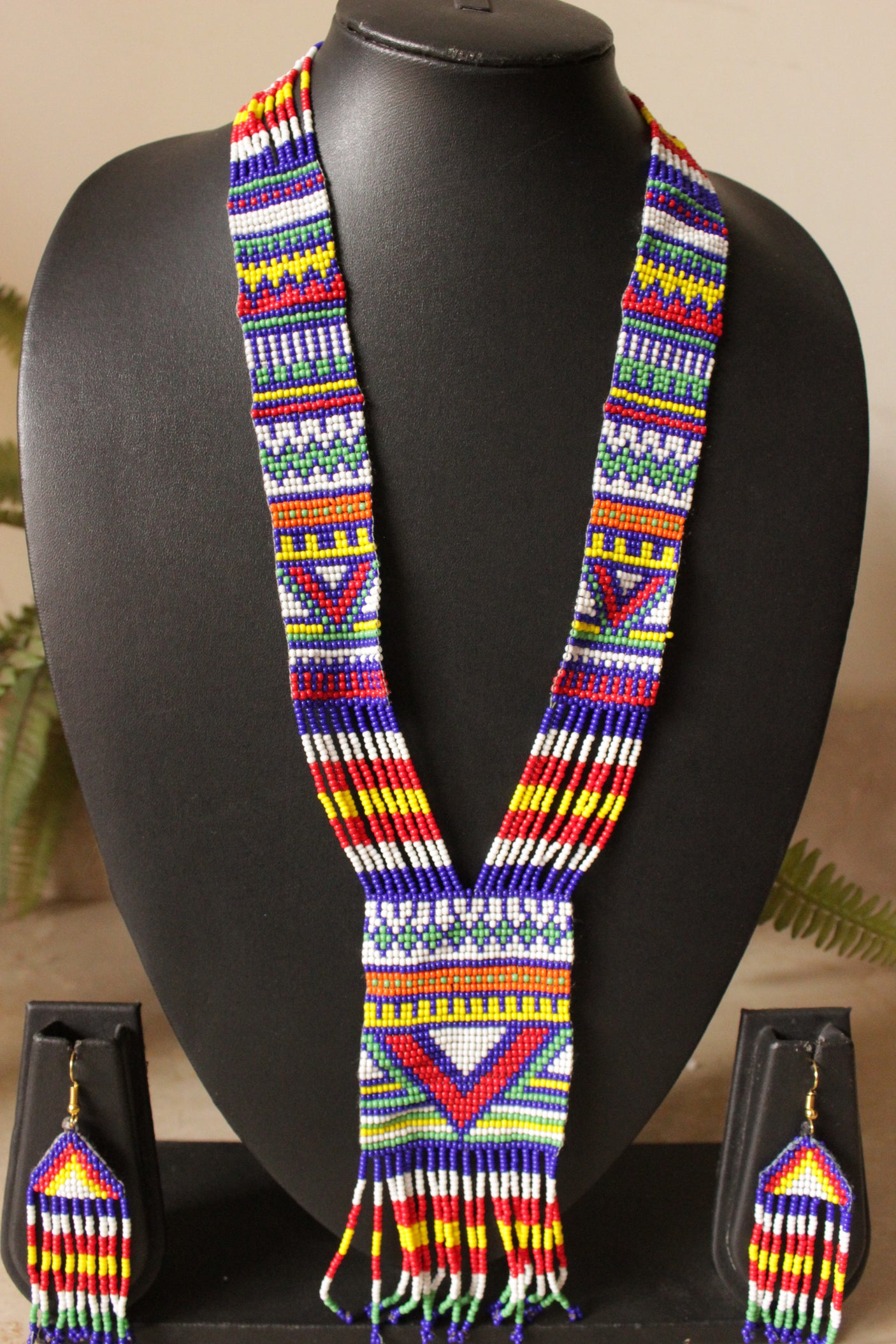 Multi-Color Geometric Motifs Handmade Beaded Long Necklace Set