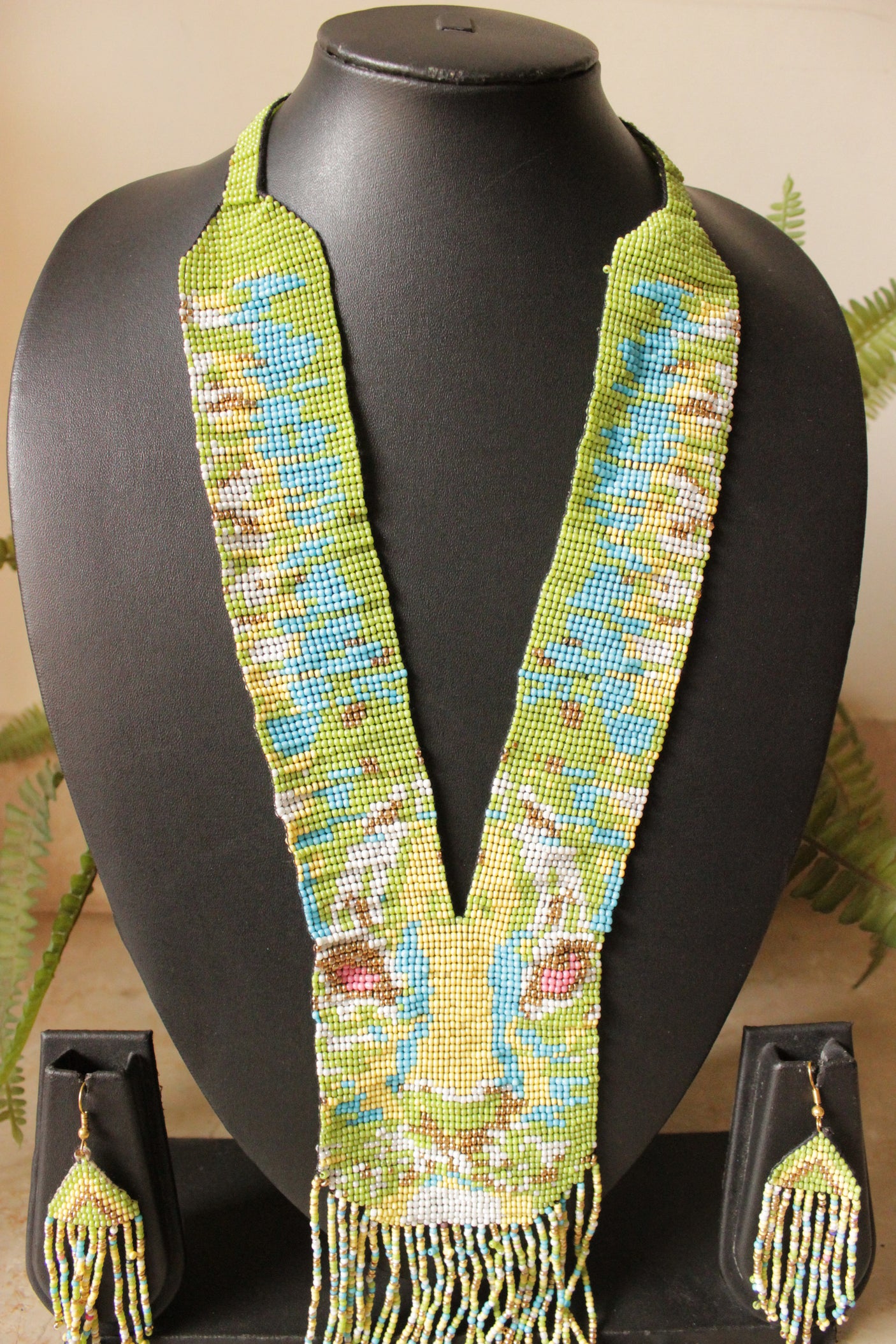 Muted Green and Blue Lion Motif Handmade Beaded Long Necklace Set