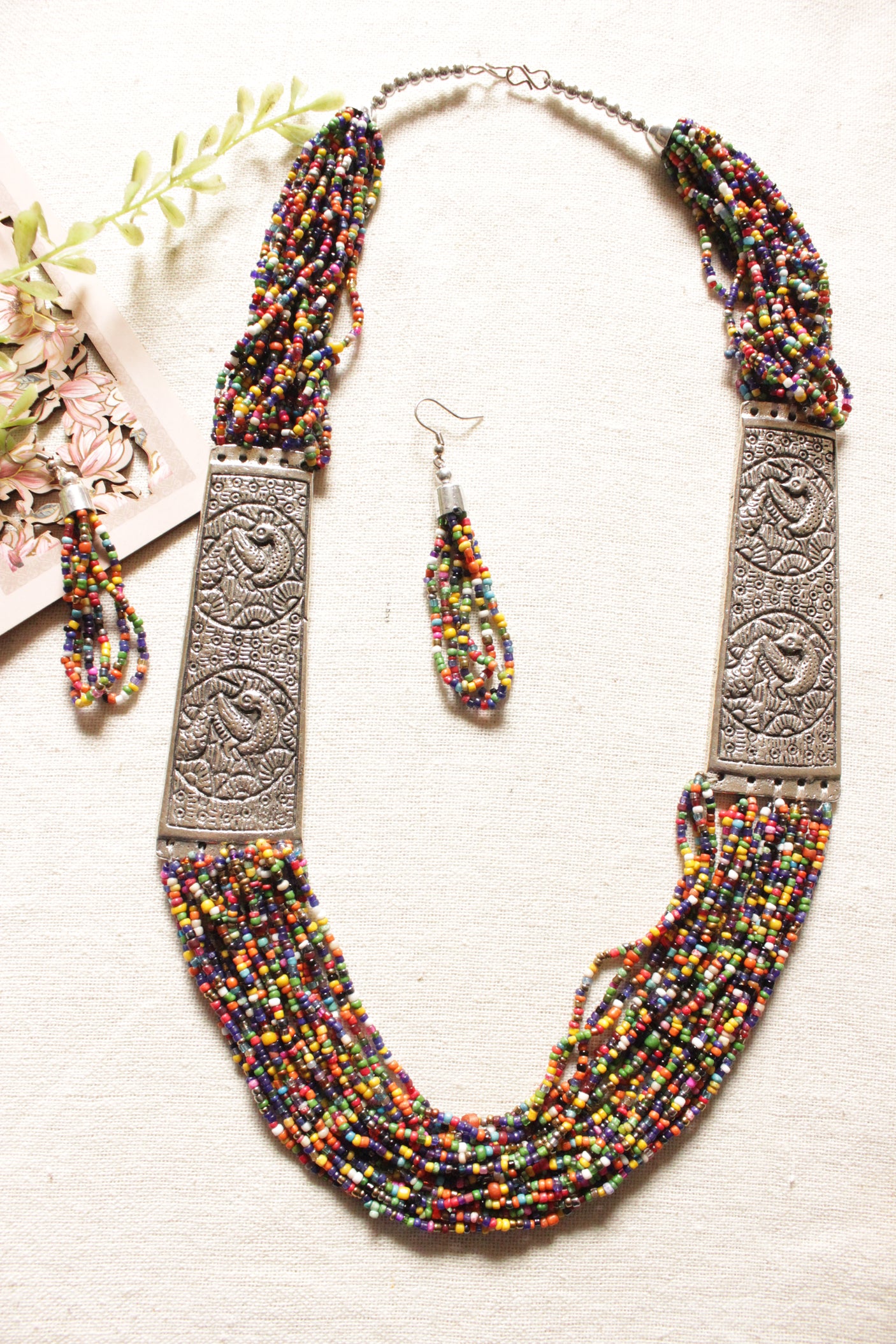 Multi-Color Beaded Multi Layered Necklace Set with Metal Detailing