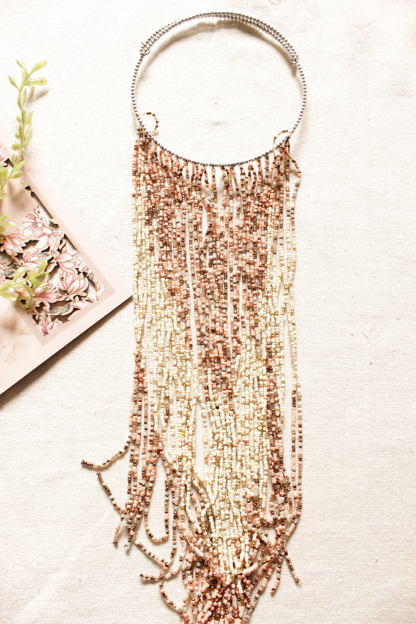 Brown and Off-White Hand Braided Long Multi-Layer Choker Necklace