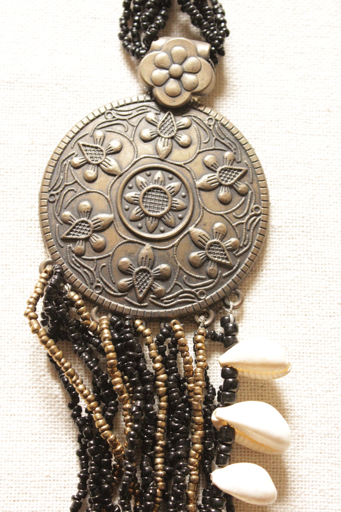 Black and Bronze Beads Multi-Layer Necklace with Shell Detailing