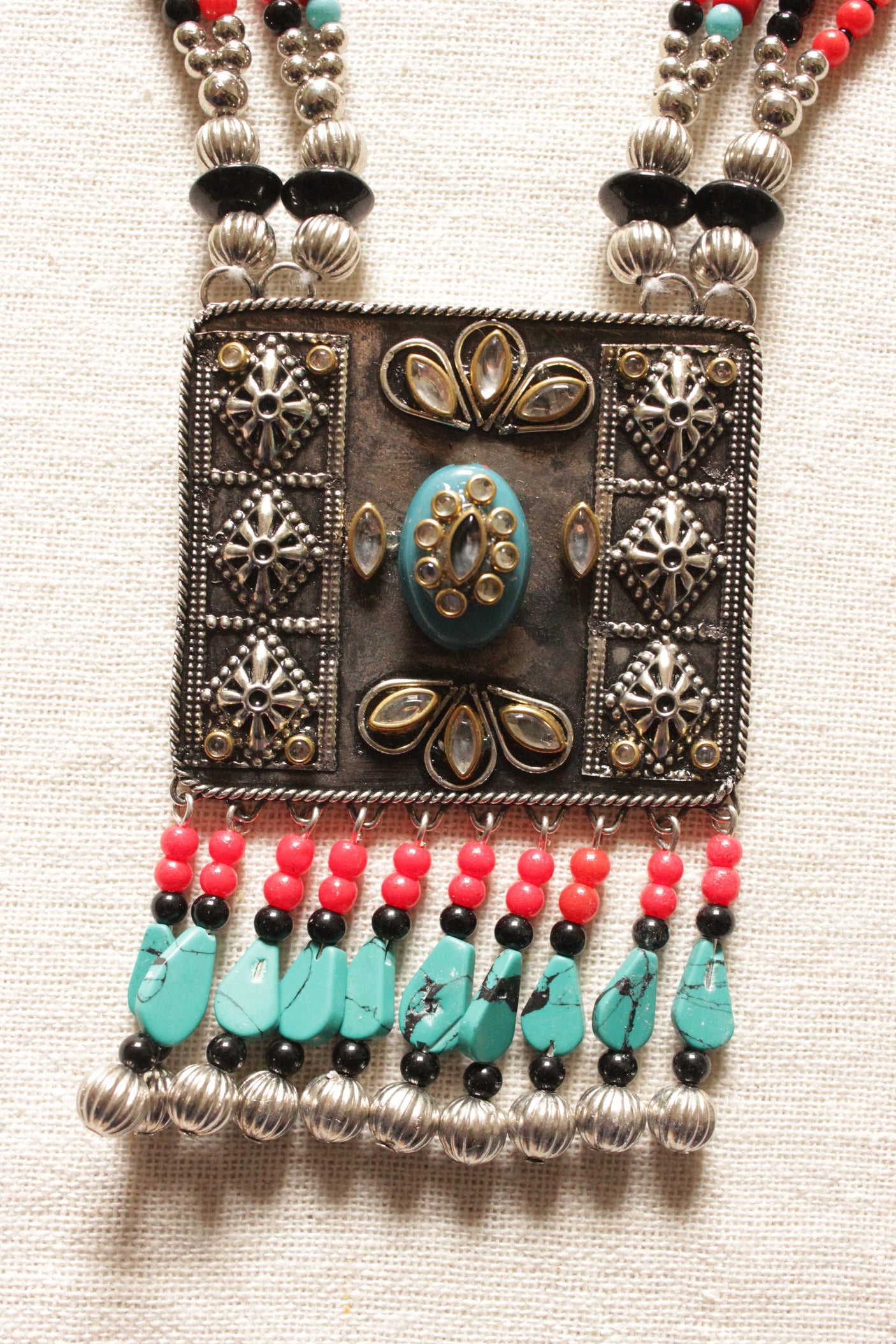 Turquoise and Red Beads Handmade Necklace Set with Rhinestones Detailed Metal Pendant