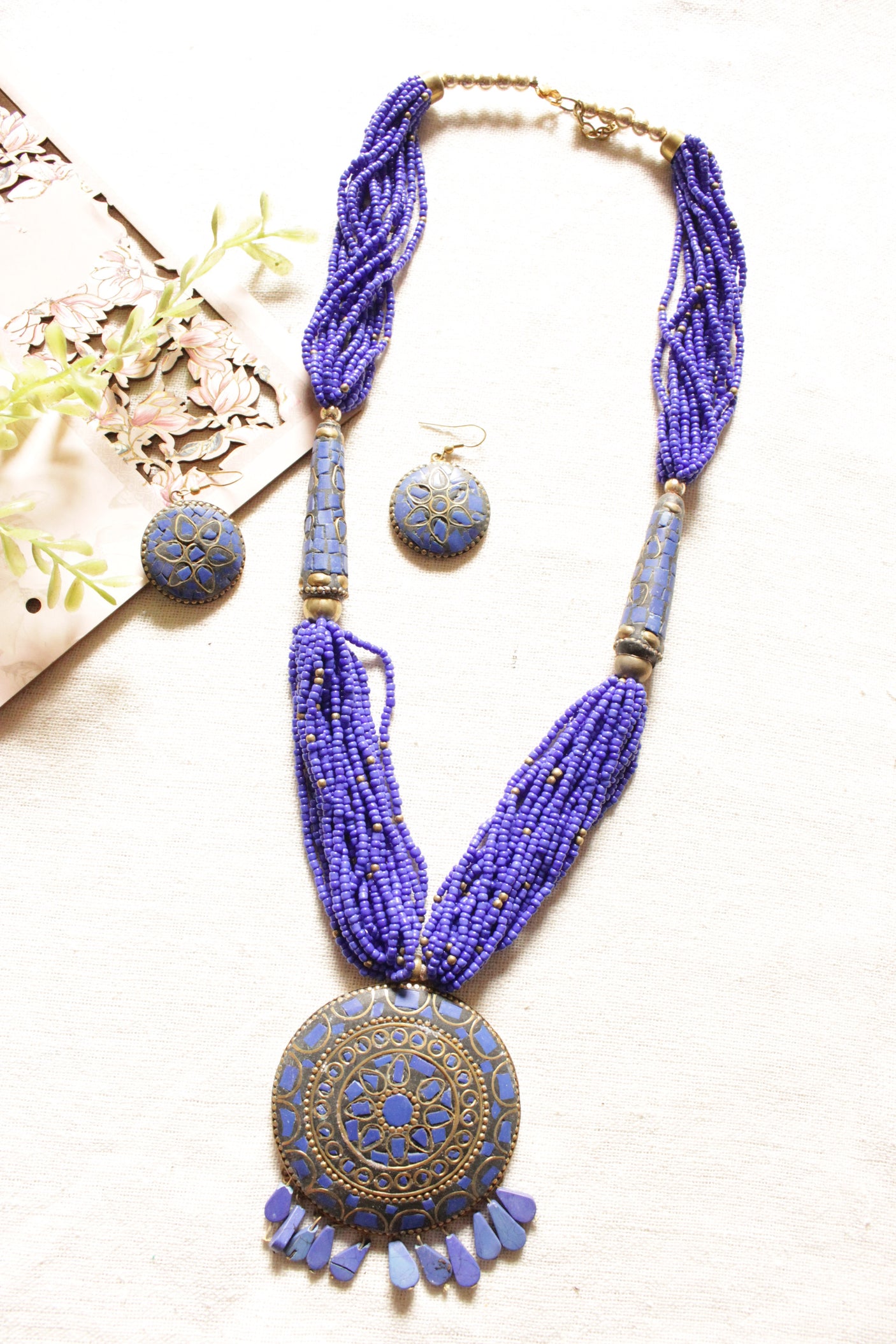 Purple Beads Multi-Layer Hand Braided Necklace Set with Tibetan Pendant