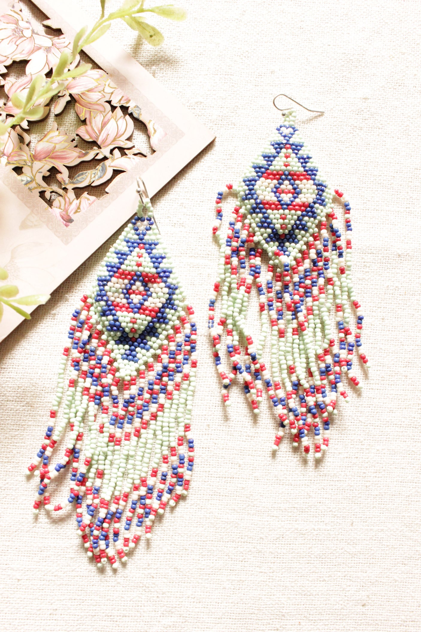 Lime Green, Red and Blue Beads Hand Braided Dangler Earrings