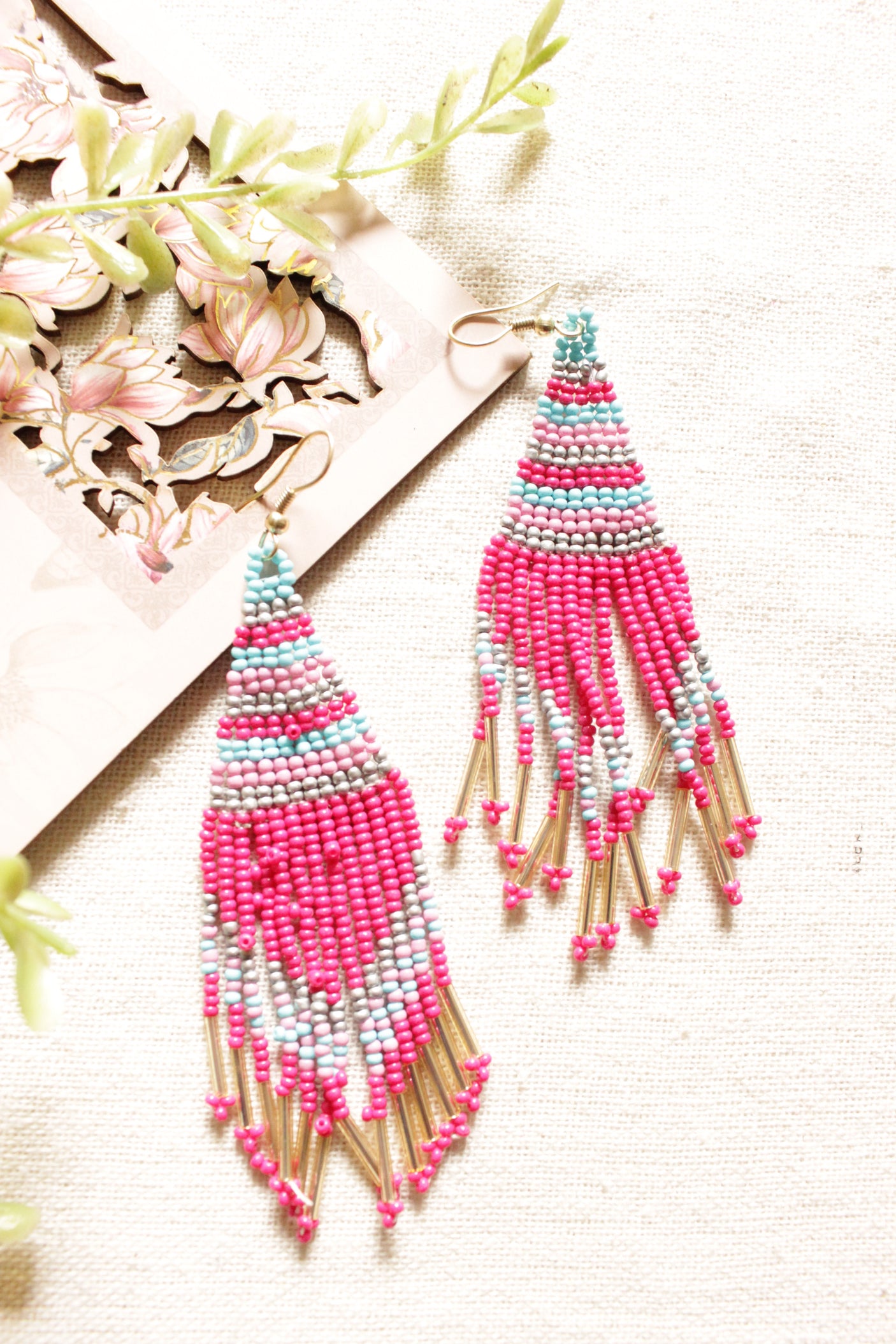 Shades of Pink and Blue Beads Hand Braided Dangler Earrings