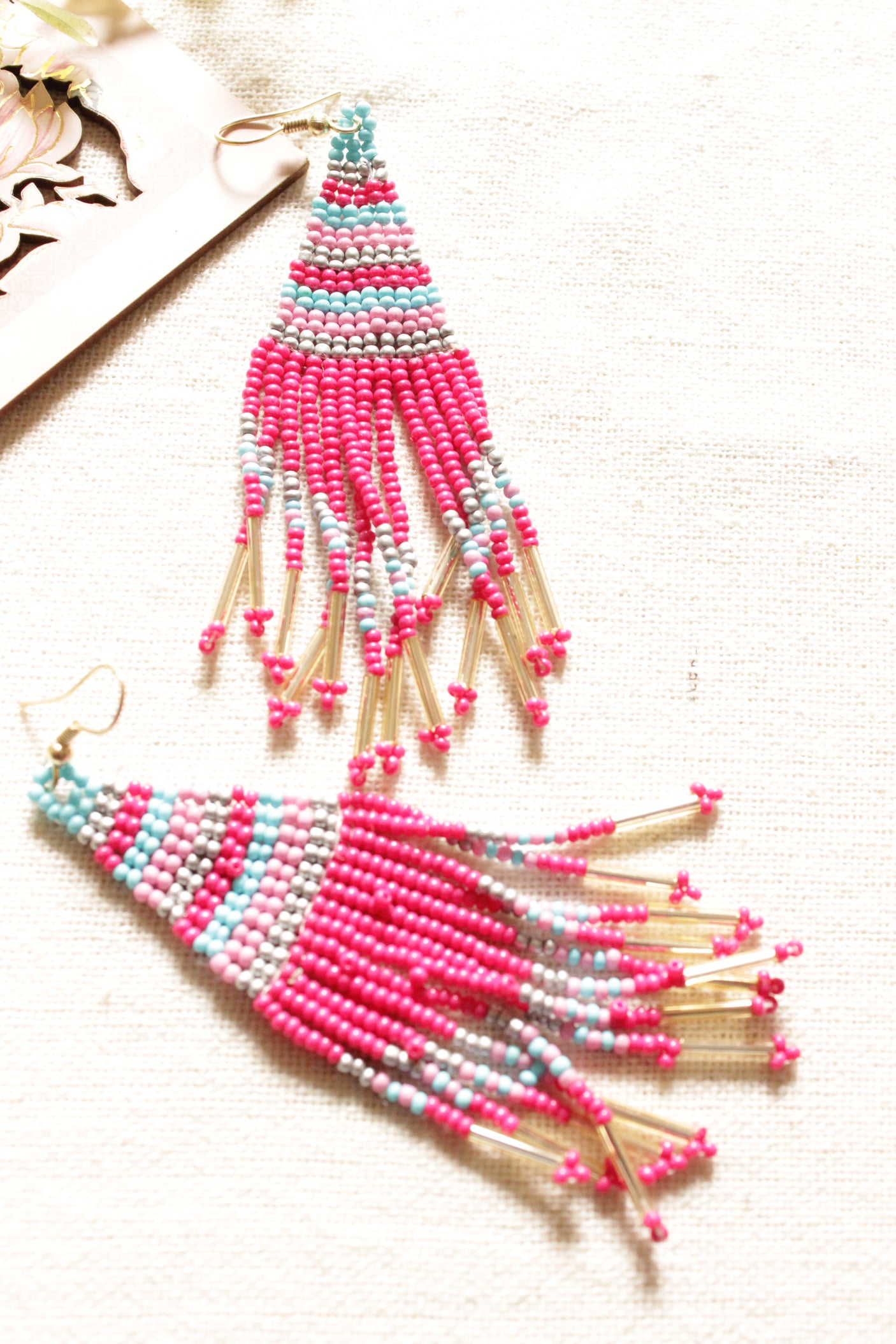 Shades of Pink and Blue Beads Hand Braided Dangler Earrings