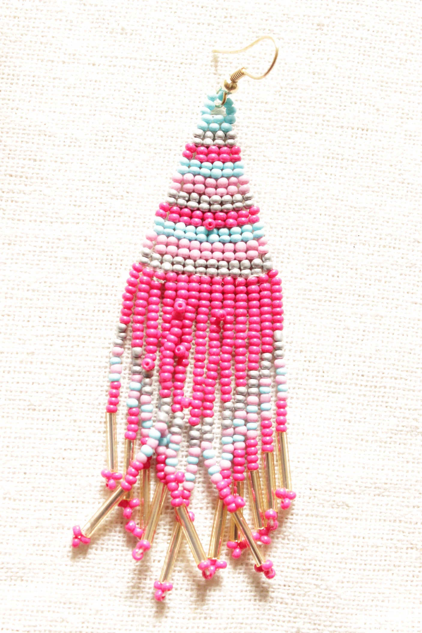 Shades of Pink and Blue Beads Hand Braided Dangler Earrings