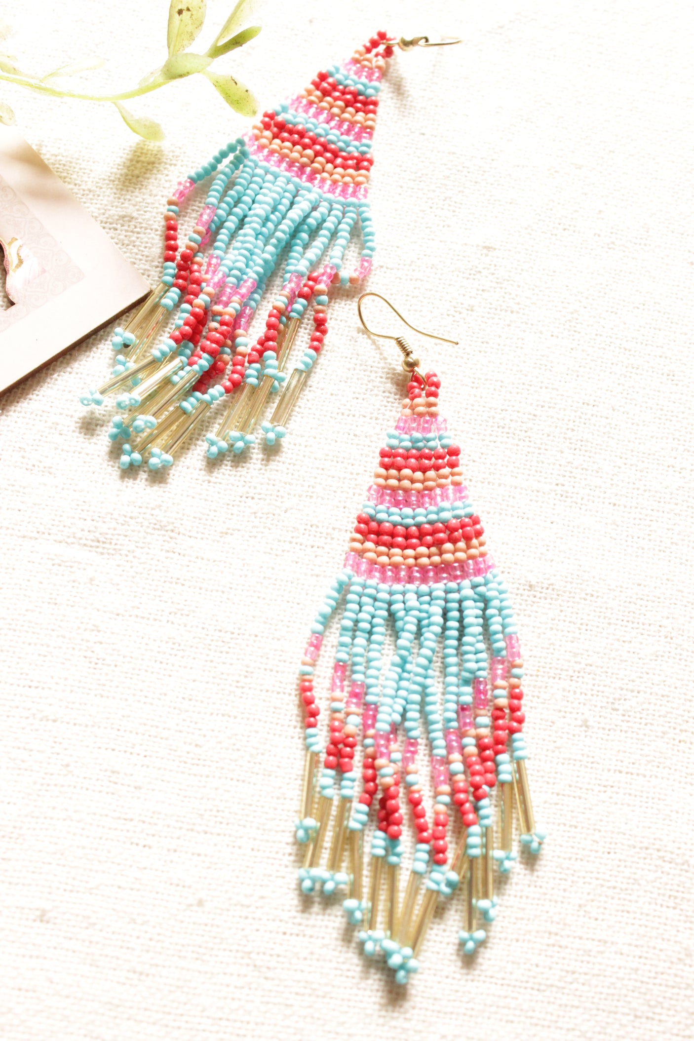 Blue and Shades of Red Beads Hand Braided Dangler Earrings