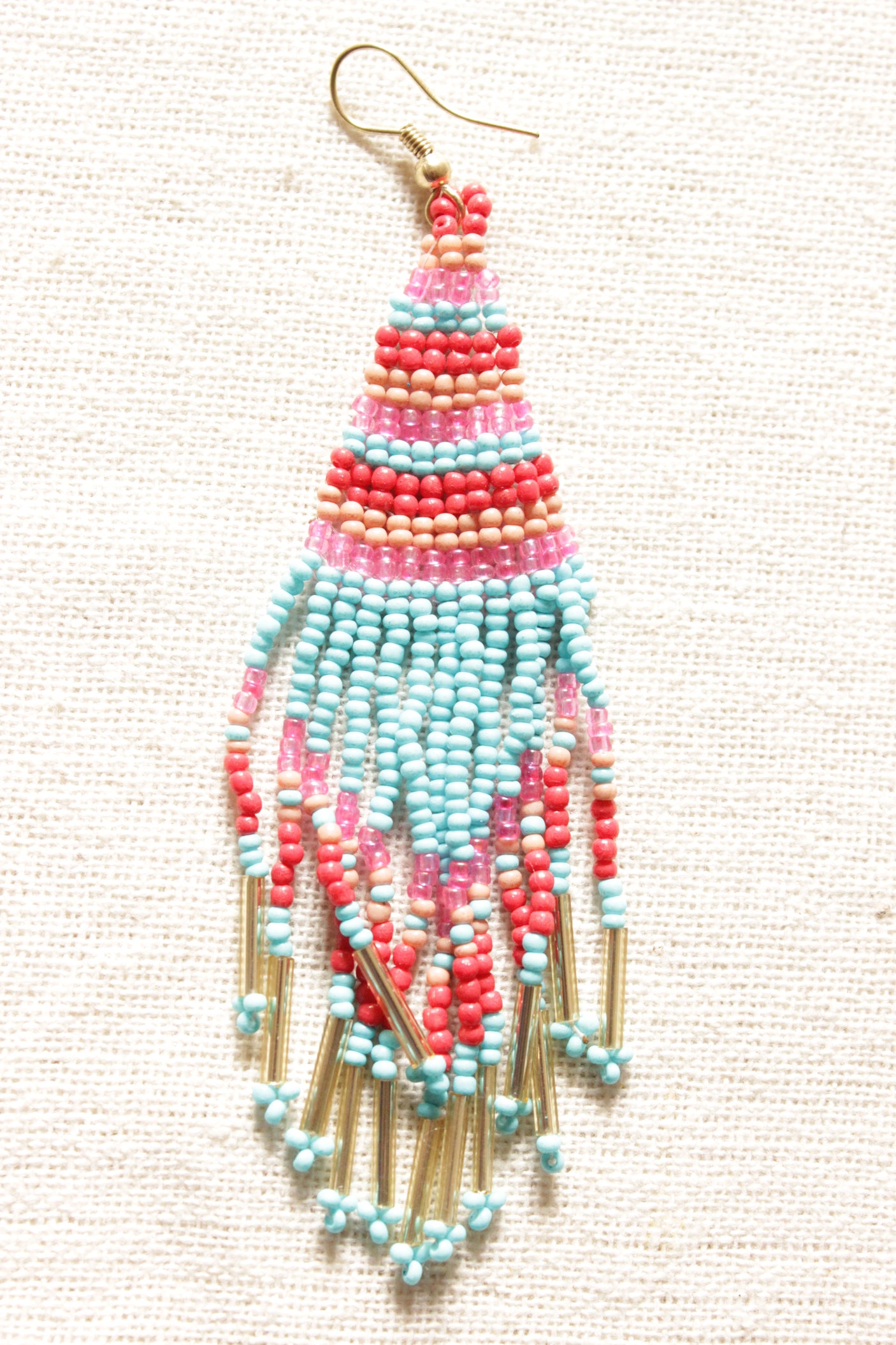 Blue and Shades of Red Beads Hand Braided Dangler Earrings