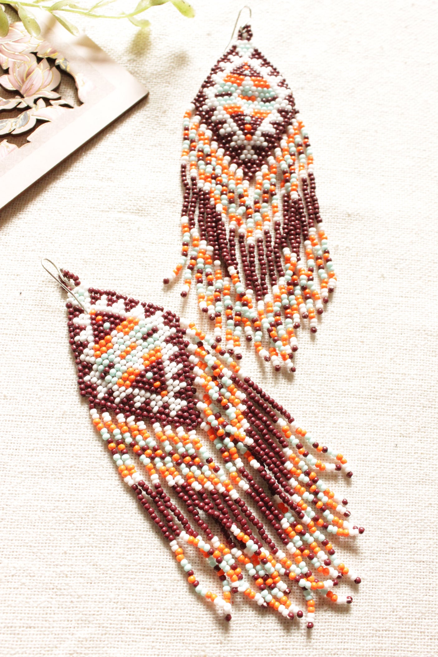 Brown and Multi-Color Beads Hand Braided Dangler Earrings