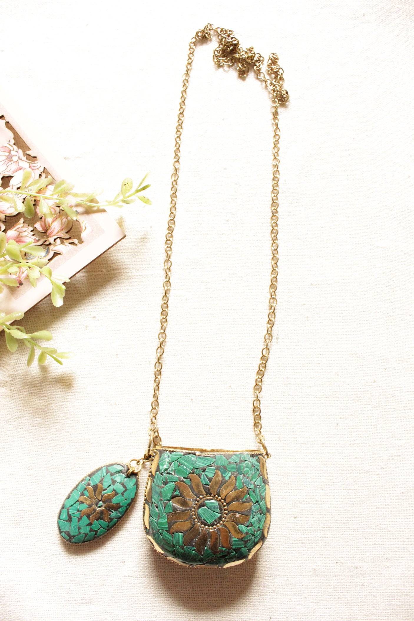 Turquoise and Gold Toned Tibetan Long Chain Necklace with an Openable Coin Box Pendant