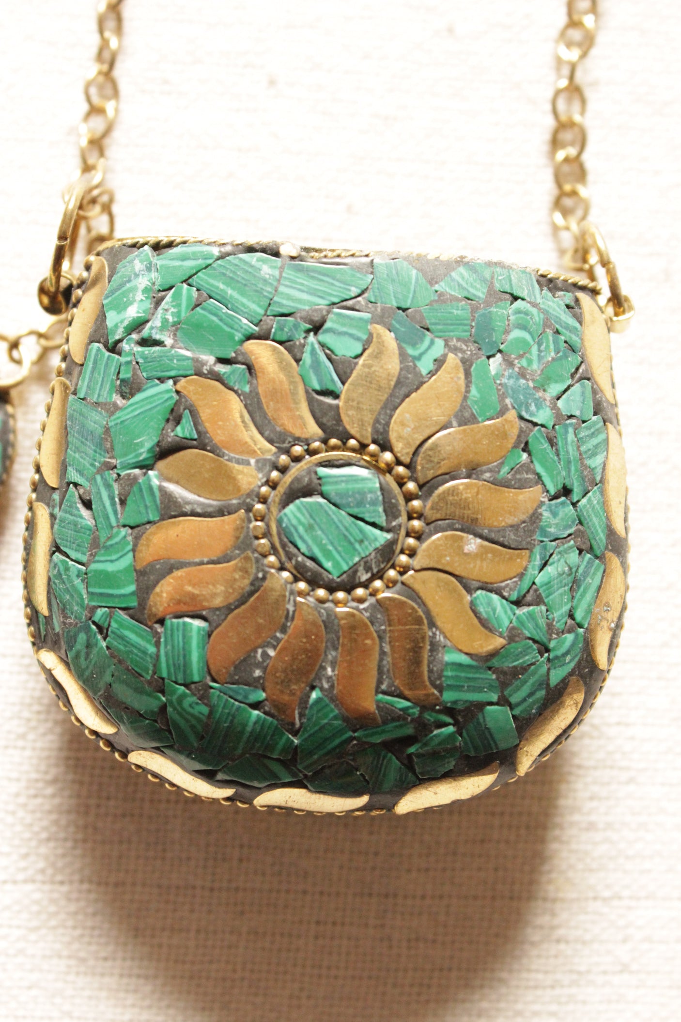 Turquoise and Gold Toned Tibetan Long Chain Necklace with an Openable Coin Box Pendant