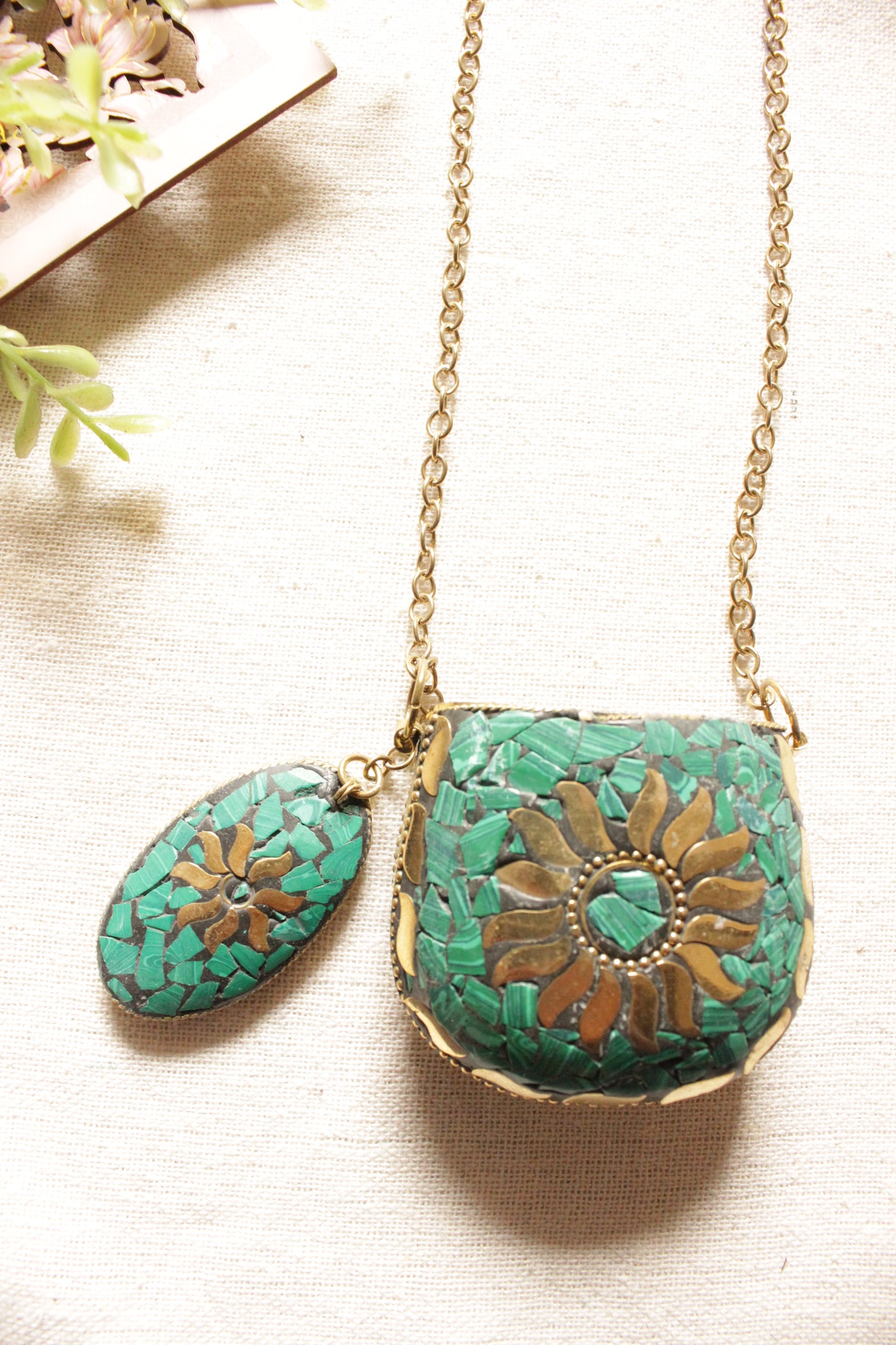 Turquoise and Gold Toned Tibetan Long Chain Necklace with an Openable Coin Box Pendant