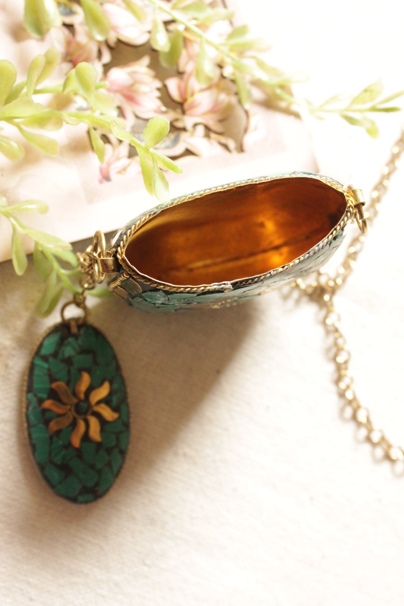 Turquoise and Gold Toned Tibetan Long Chain Necklace with an Openable Coin Box Pendant