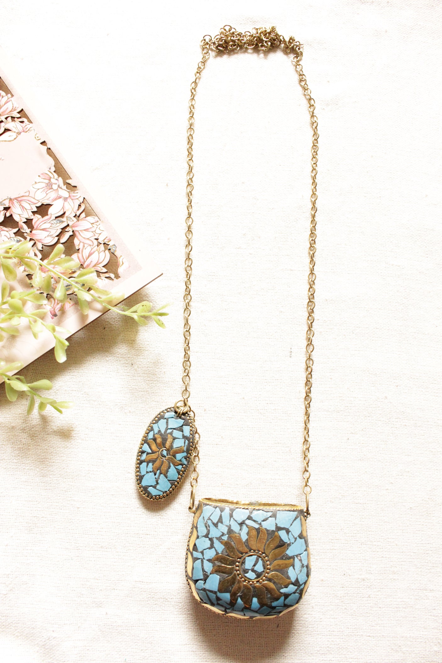 Blue and Gold Toned Tibetan Long Chain Necklace with an Openable Coin Box Pendant