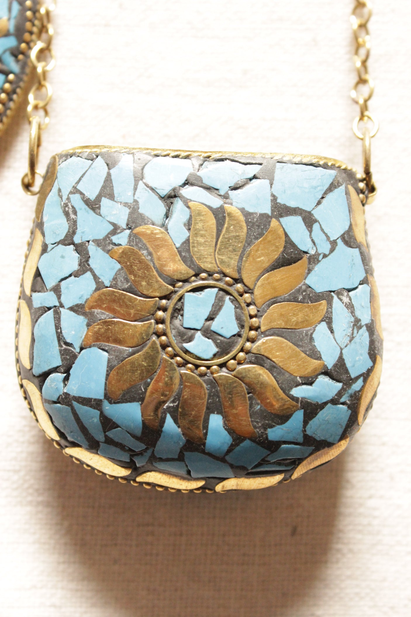 Blue and Gold Toned Tibetan Long Chain Necklace with an Openable Coin Box Pendant