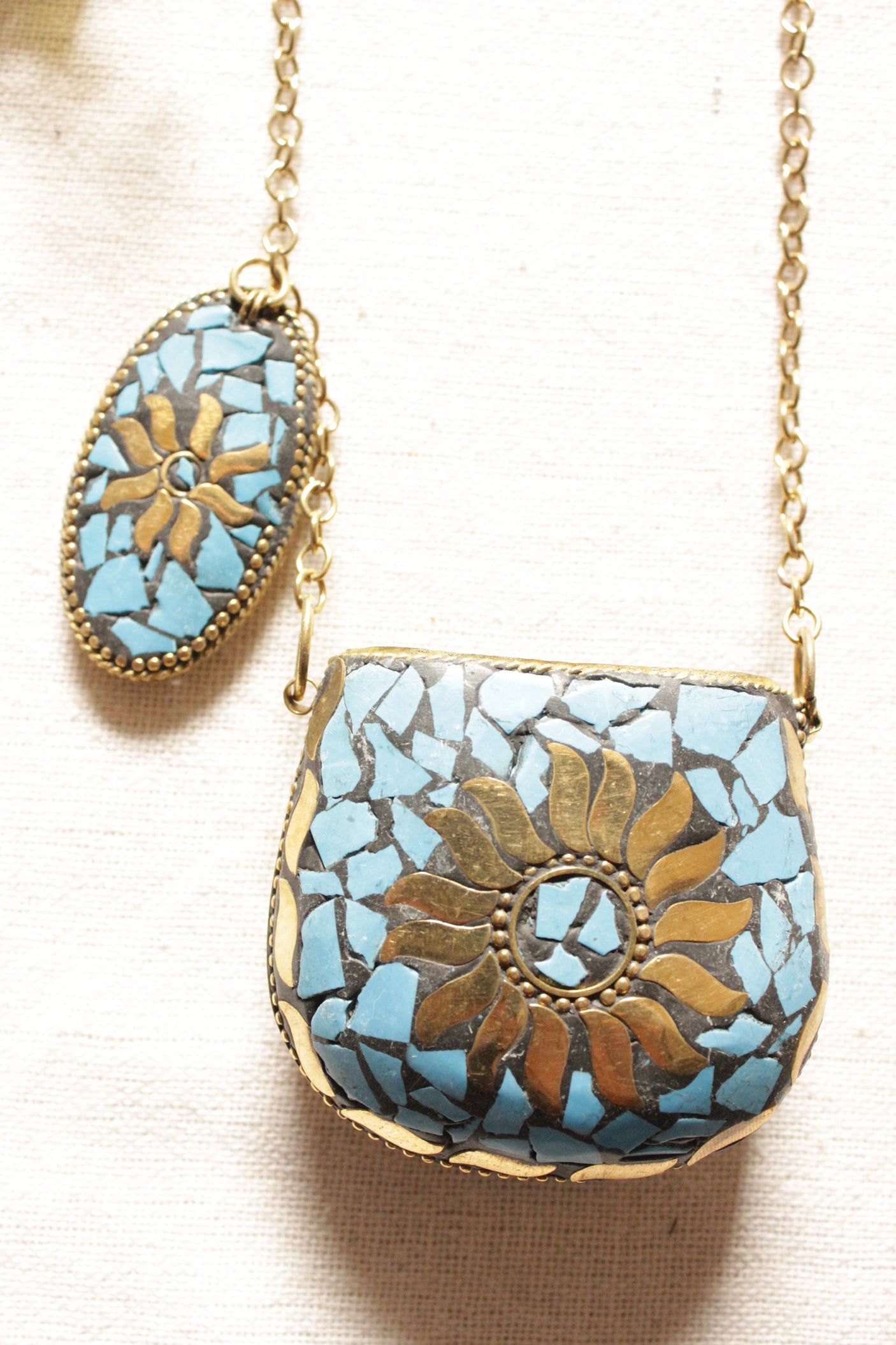 Blue and Gold Toned Tibetan Long Chain Necklace with an Openable Coin Box Pendant