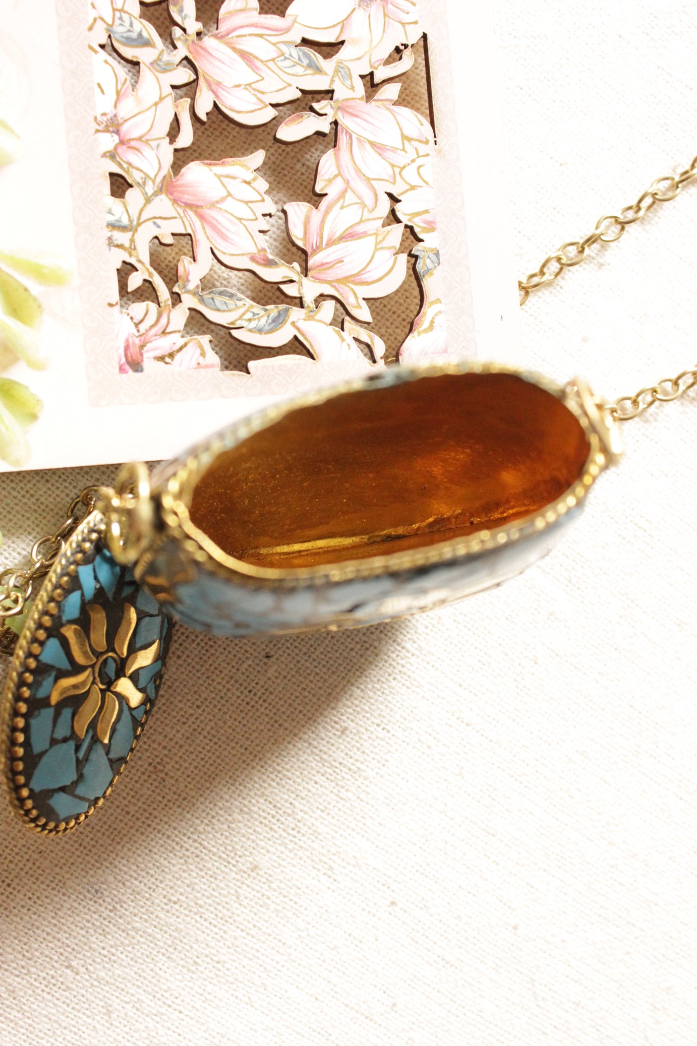 Blue and Gold Toned Tibetan Long Chain Necklace with an Openable Coin Box Pendant