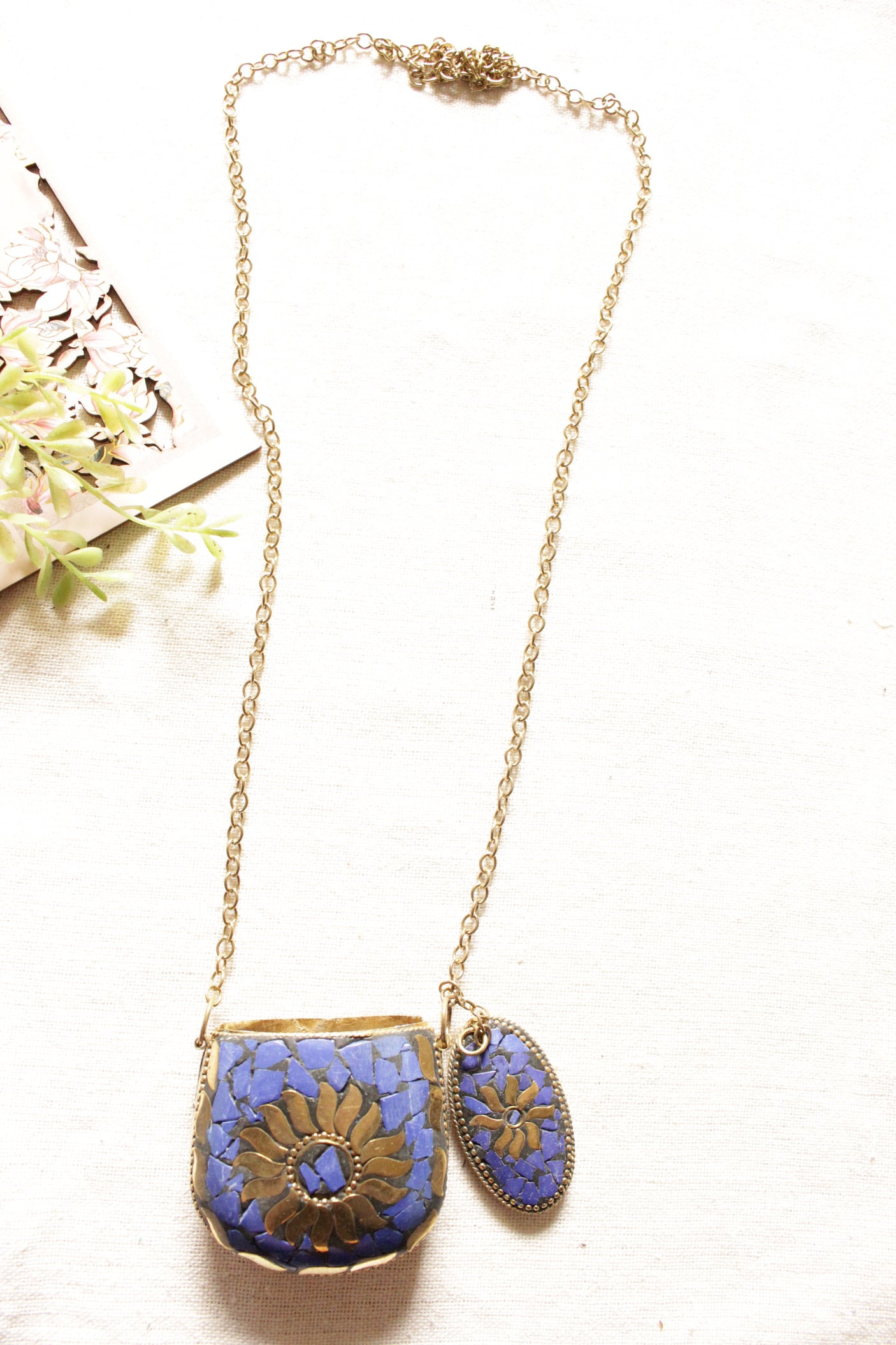 Purple and Gold Toned Tibetan Long Chain Necklace with an Openable Coin Box Pendant