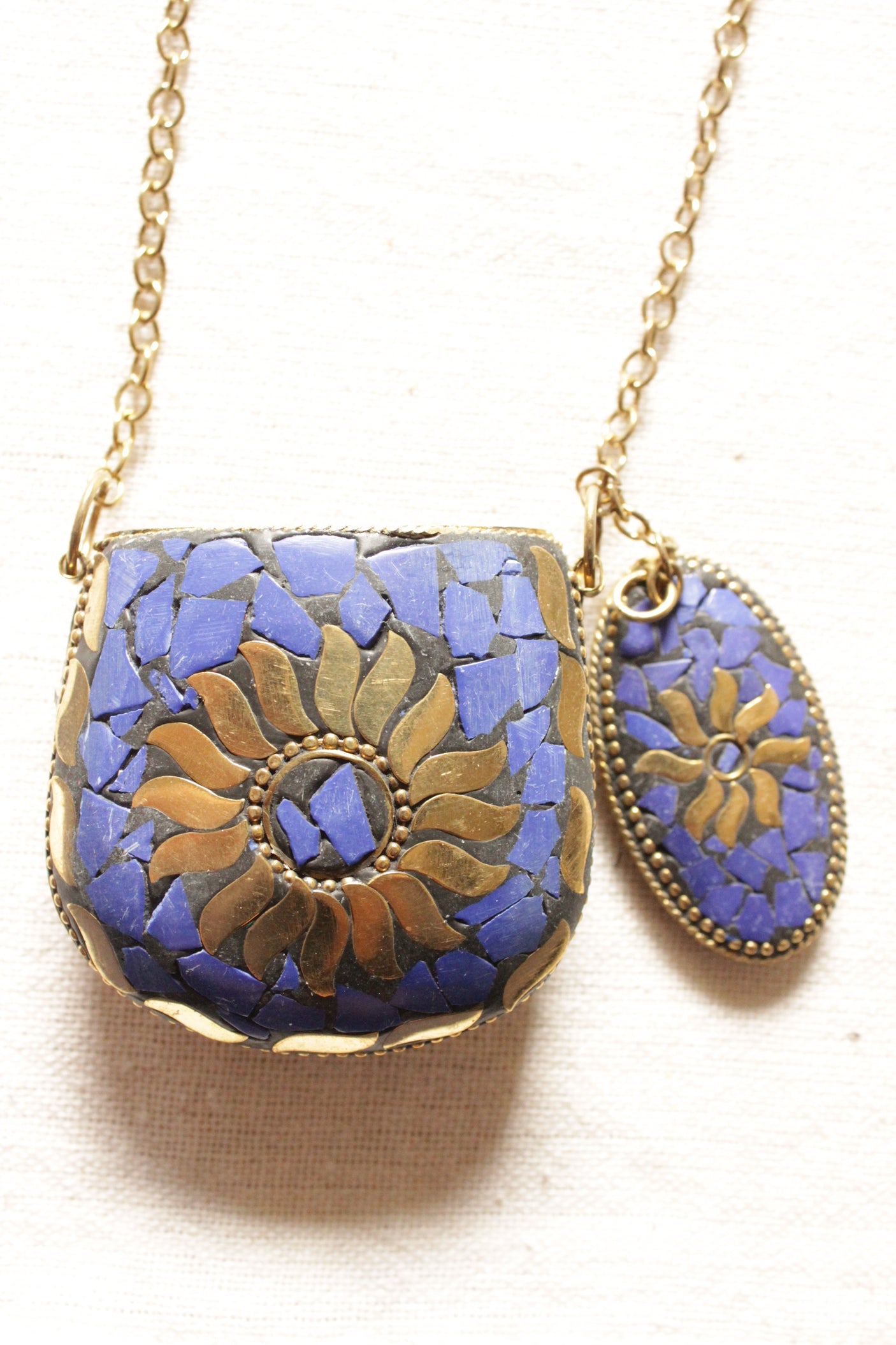 Purple and Gold Toned Tibetan Long Chain Necklace with an Openable Coin Box Pendant