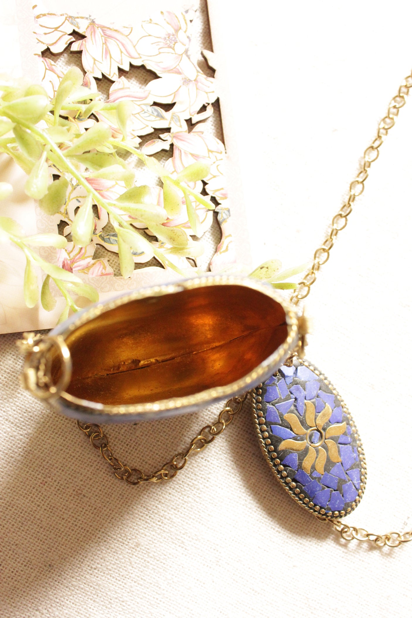 Purple and Gold Toned Tibetan Long Chain Necklace with an Openable Coin Box Pendant