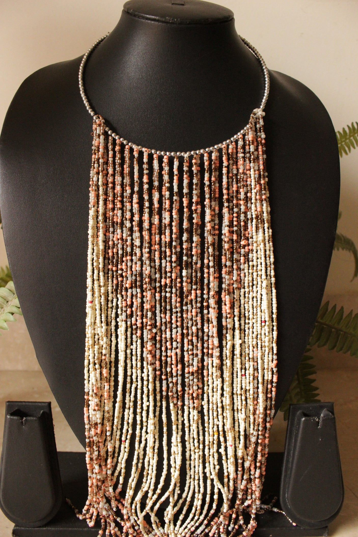 Brown and Off-White Hand Braided Long Multi-Layer Choker Necklace