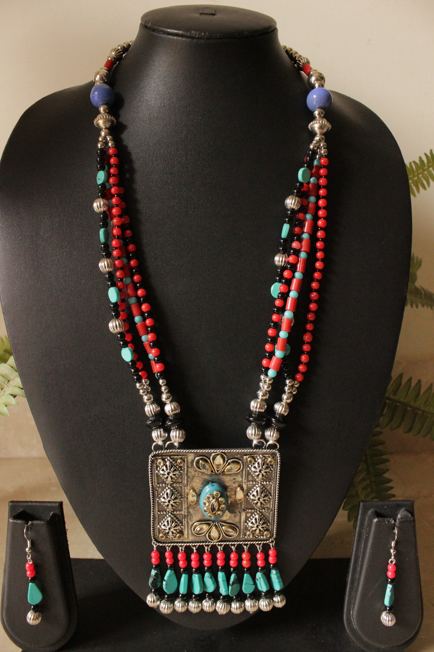 Turquoise and Red Beads Handmade Necklace Set with Rhinestones Detailed Metal Pendant