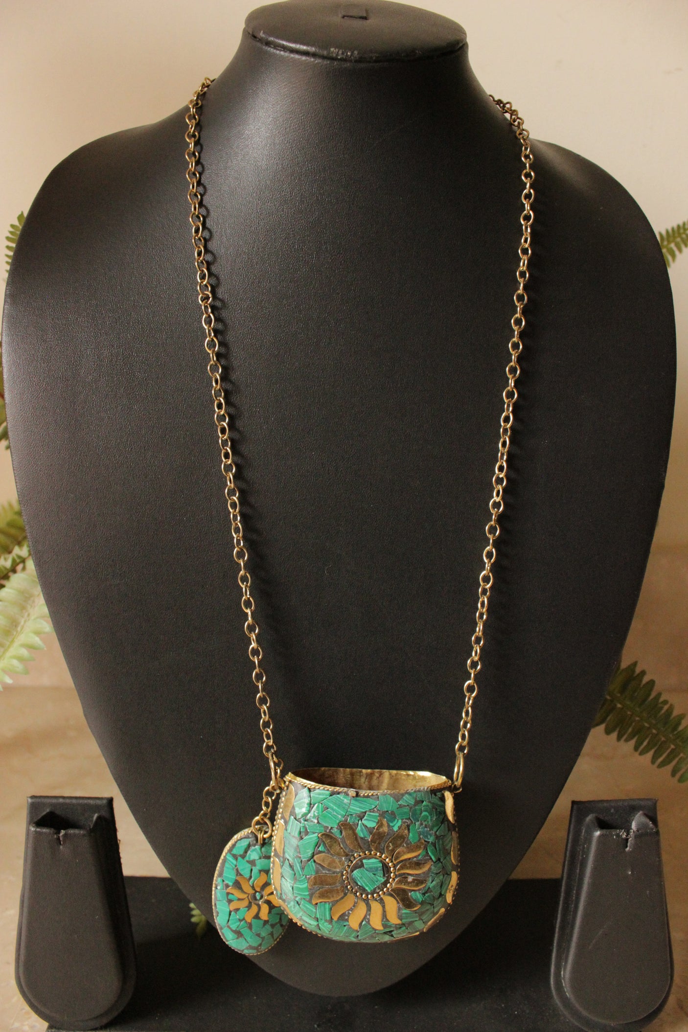 Turquoise and Gold Toned Tibetan Long Chain Necklace with an Openable Coin Box Pendant
