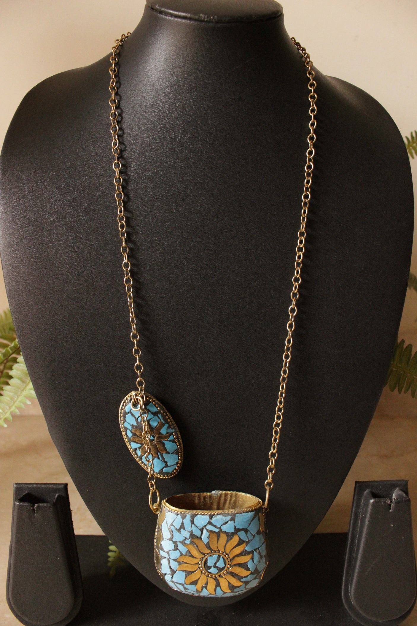 Blue and Gold Toned Tibetan Long Chain Necklace with an Openable Coin Box Pendant