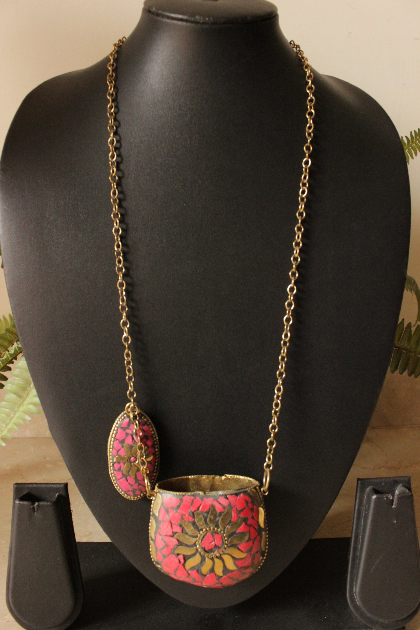 Red and Gold Toned Tibetan Long Chain Necklace with an Openable Coin Box Pendant