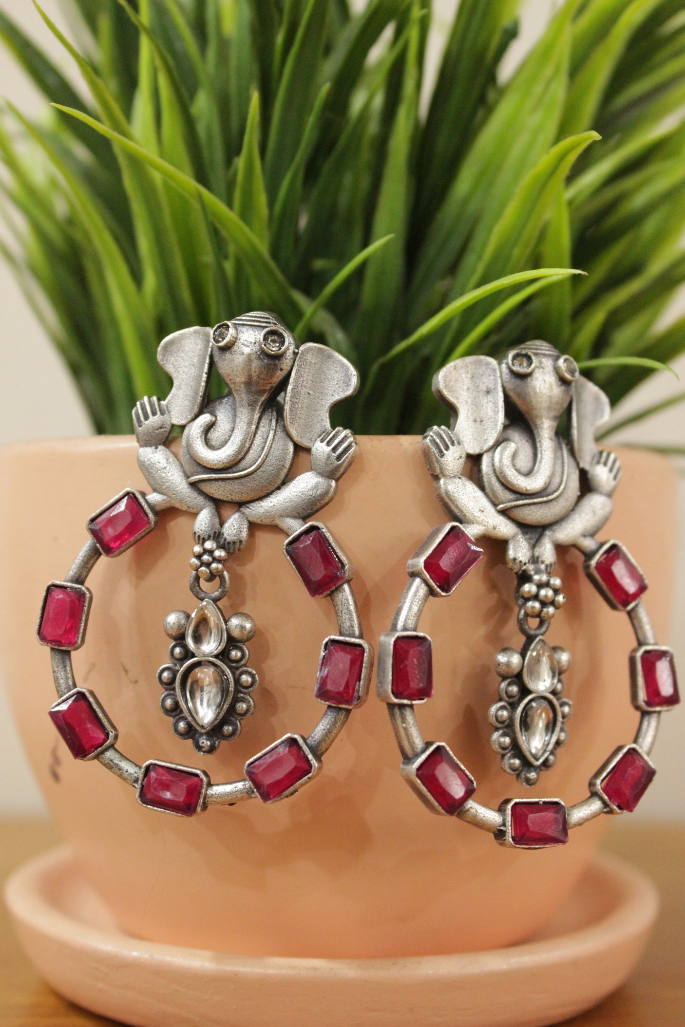 Lord Ganesha Motif Red Glass Stones Embedded Oxidised Finish Brass Earrrings