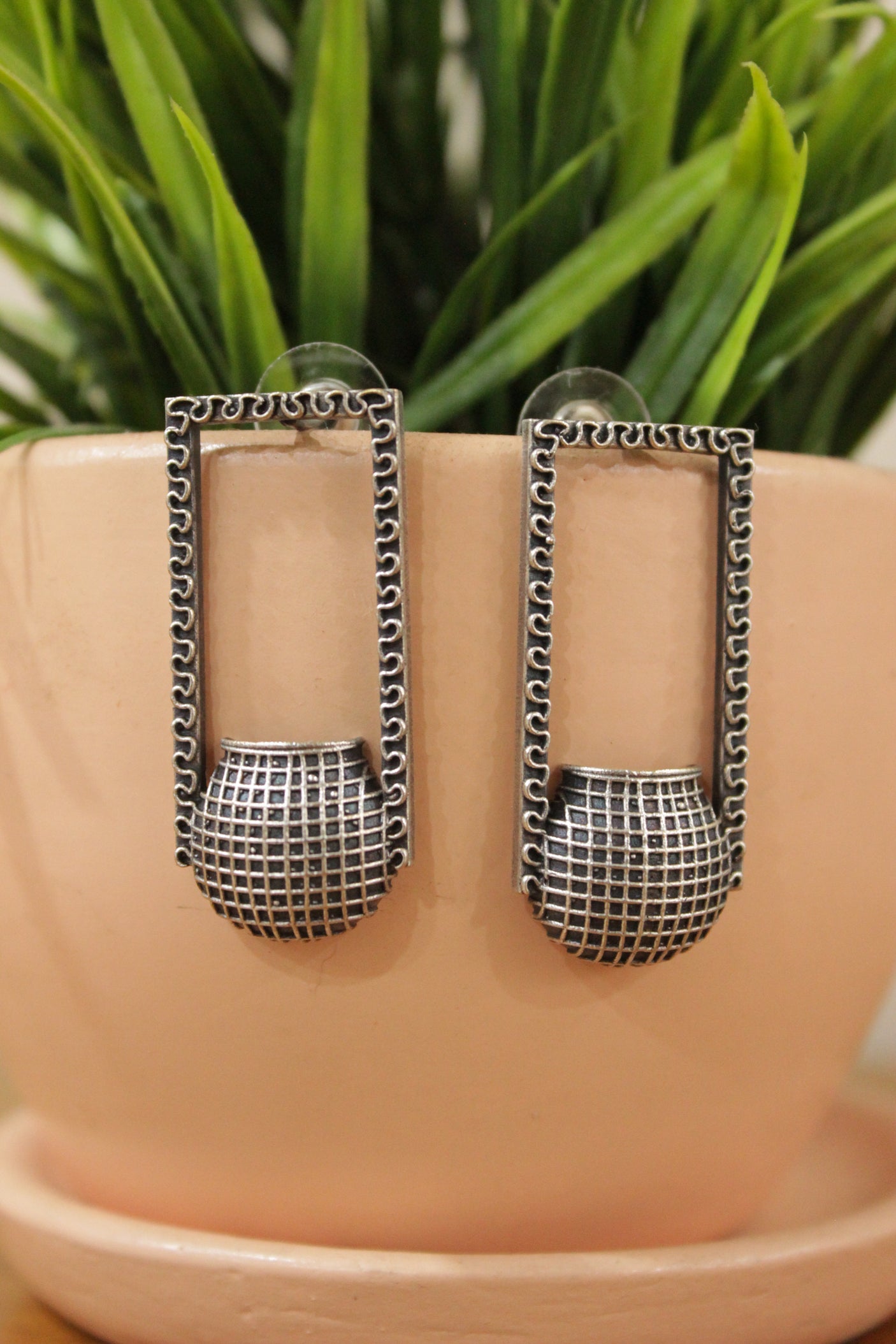 Kalash Motif Oxidised Finish Brass Dangler Earrings