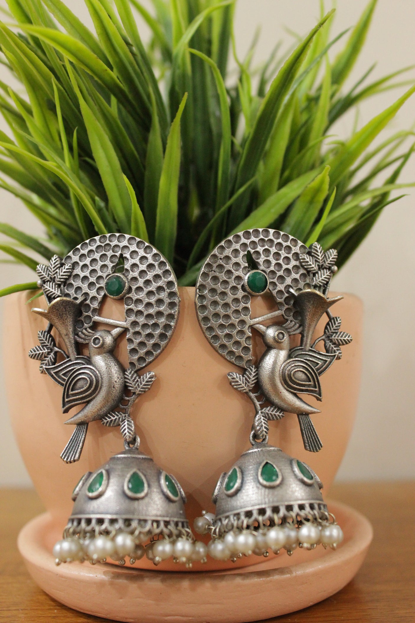 Oxidised Finish Woodpecker Brass Jhumka Earrings