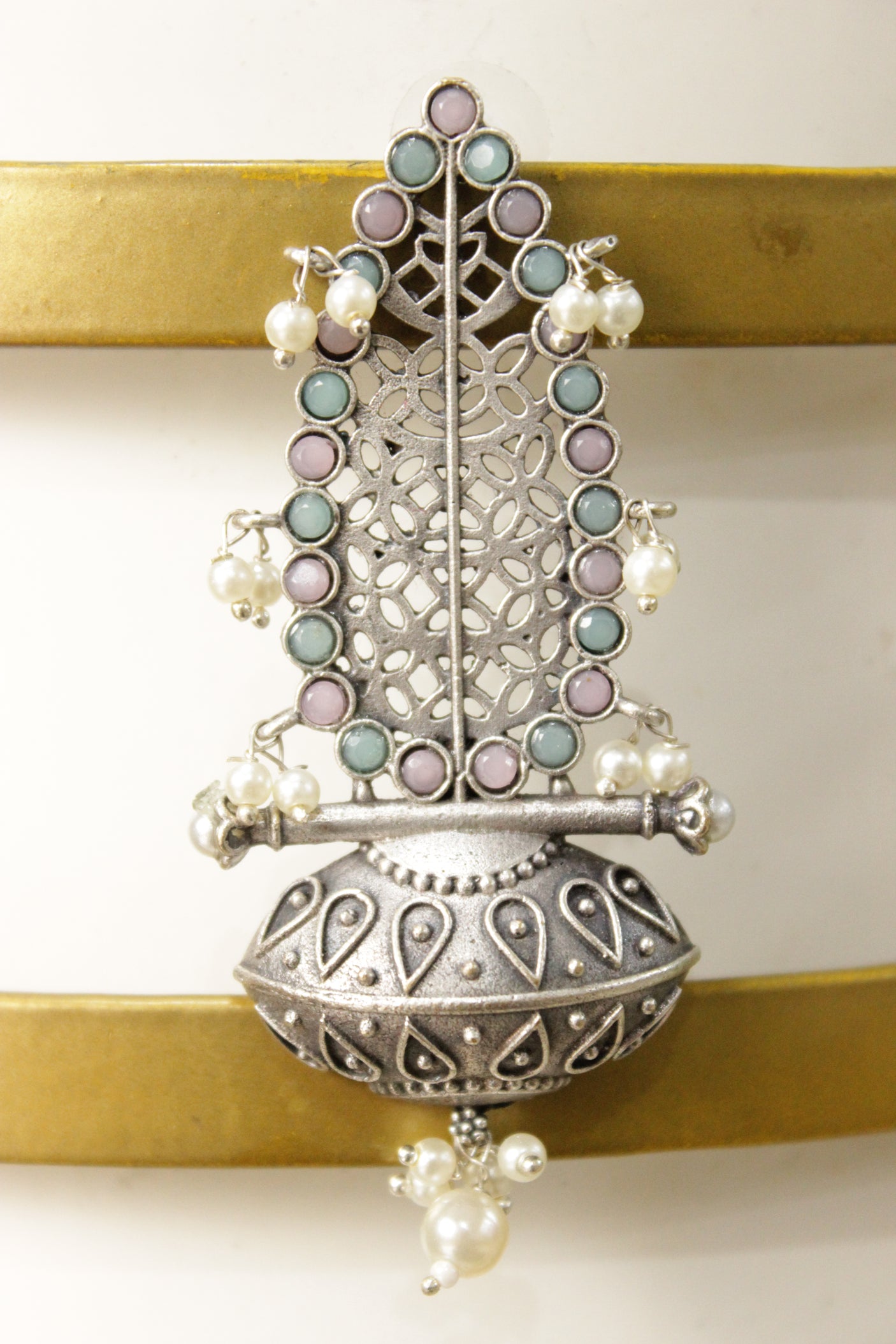 Turquoise and Pink Glass Stones Embedded Oxidised Finish Brass Dangler Earrings