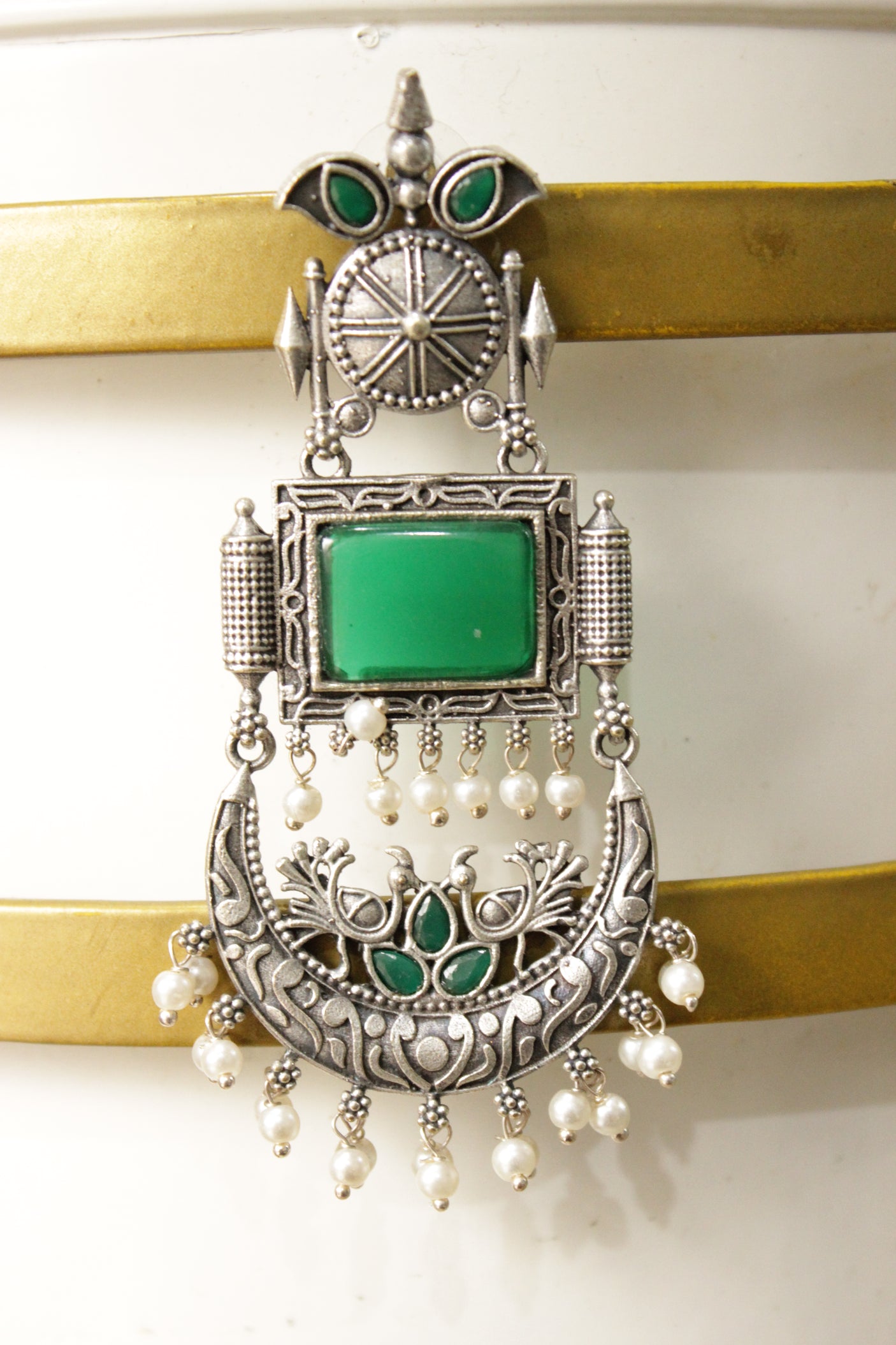 Intricately Detailed Dancing Peacock Dangler Earrings with Green Glass Stones Embedded