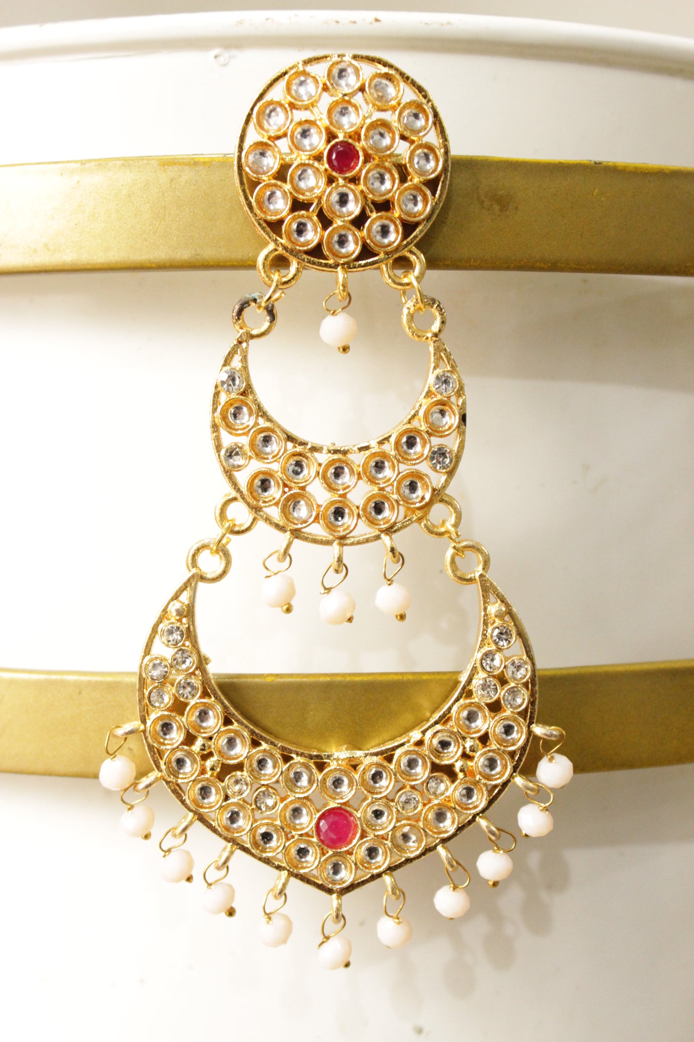 Rhinestones Embedded Gold Toned 3 Layer Dangler Earrings