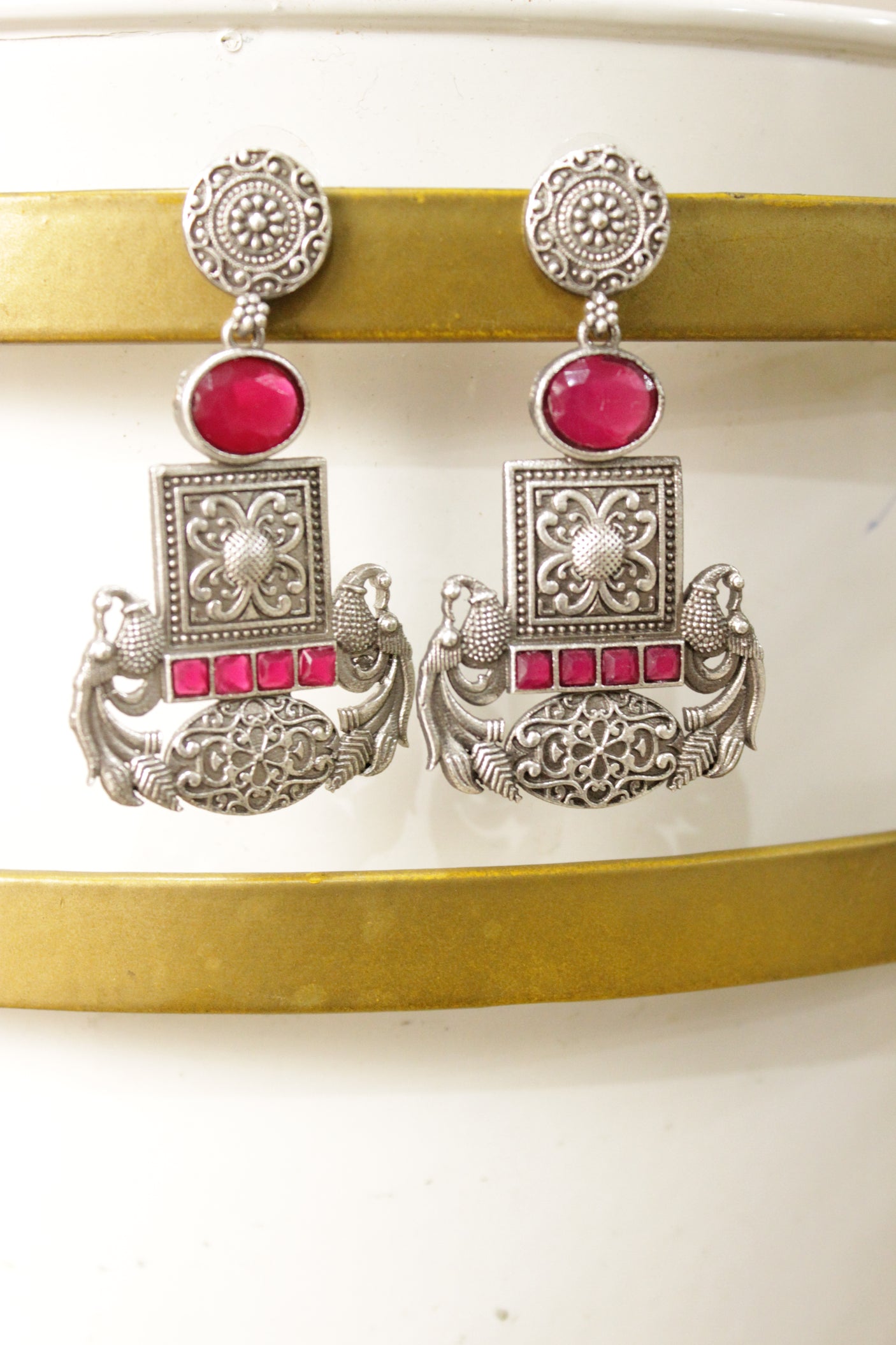Fuchsia Glass Stones Embedded Oxidised Finish Brass Dangler Earrings
