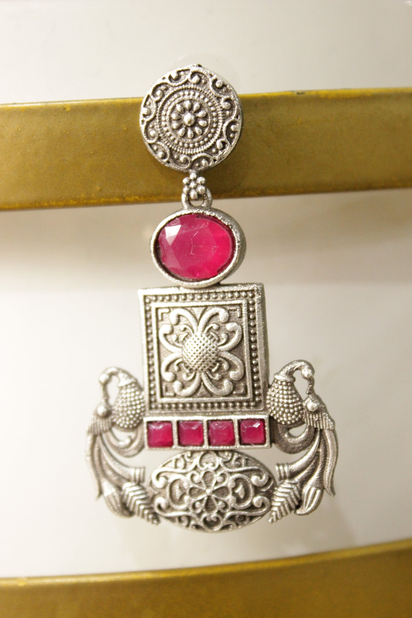 Fuchsia Glass Stones Embedded Oxidised Finish Brass Dangler Earrings