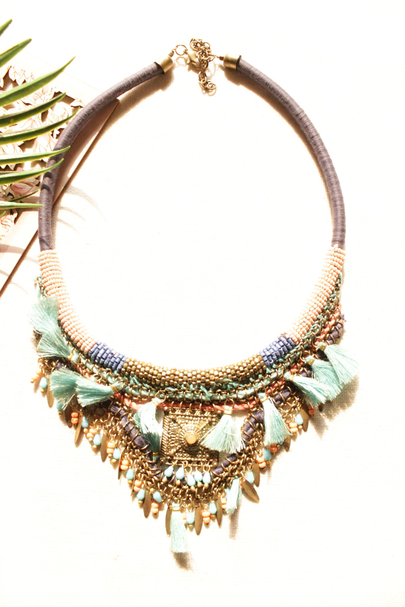 Fabric, Beads and Metal Charms Braided Handmade Boho Choker Necklace