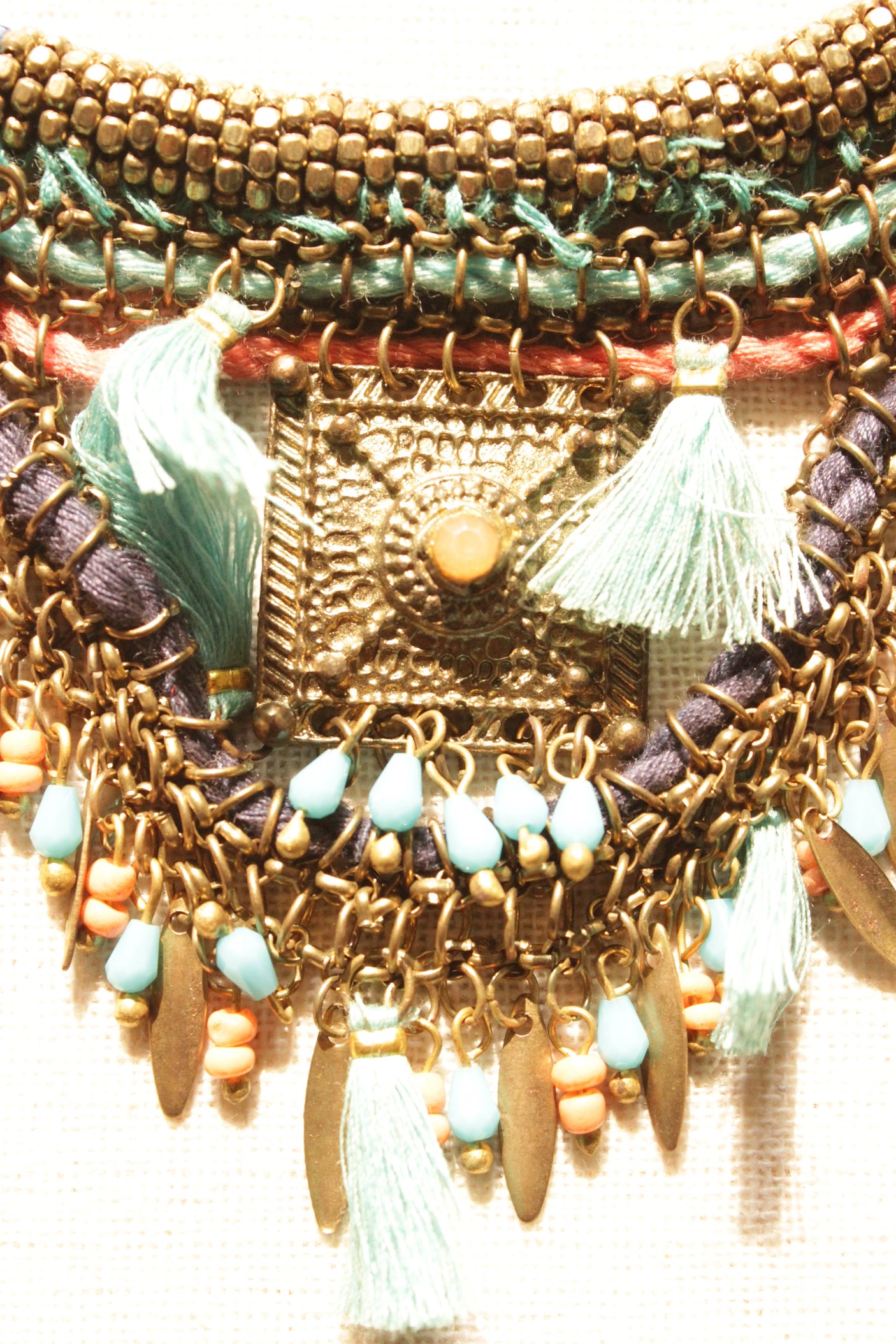 Fabric, Beads and Metal Charms Braided Handmade Boho Choker Necklace